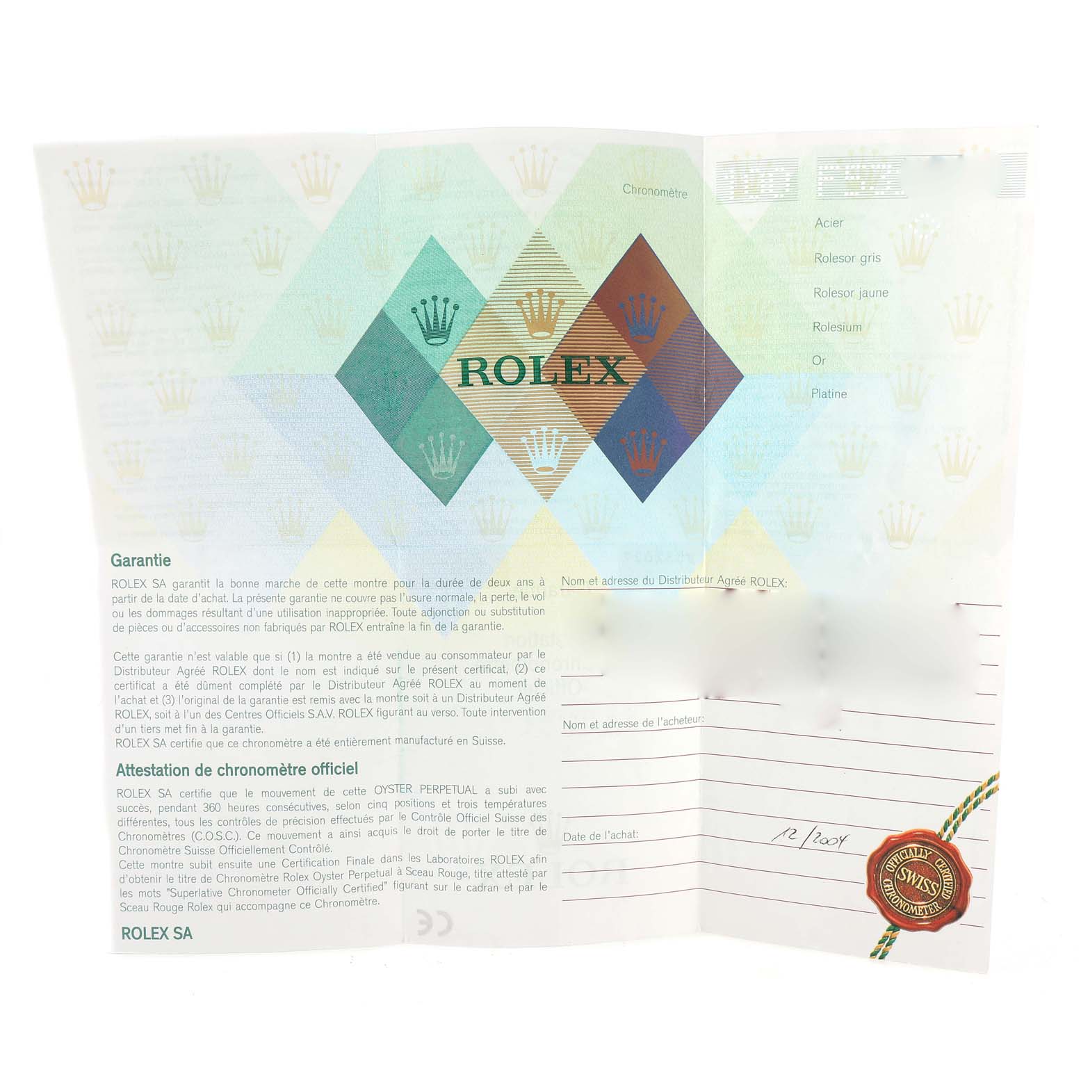 This image shows the warranty card and certification document for the Rolex Explorer 114270 Men
s Stainless Steel Black Dial 114270 Men
s Stainless Steel Black Dial watch model.