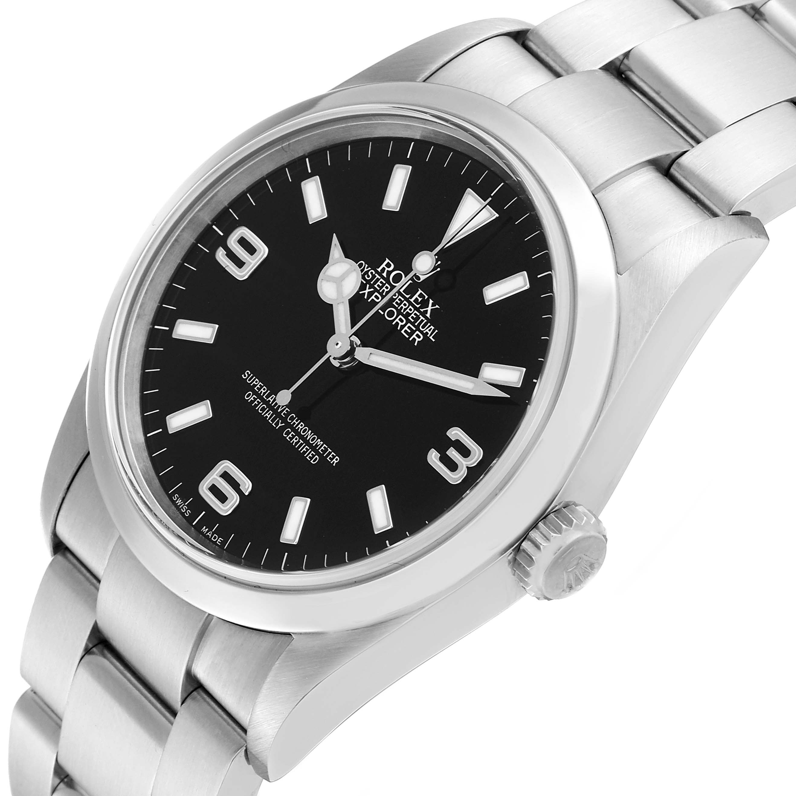 This image shows a close-up view of the Rolex Explorer 114270 Men
s Stainless Steel Black Dial 114270 Men
s Stainless Steel Black Dial watch, highlighting the face, crown, and part of the bracelet.