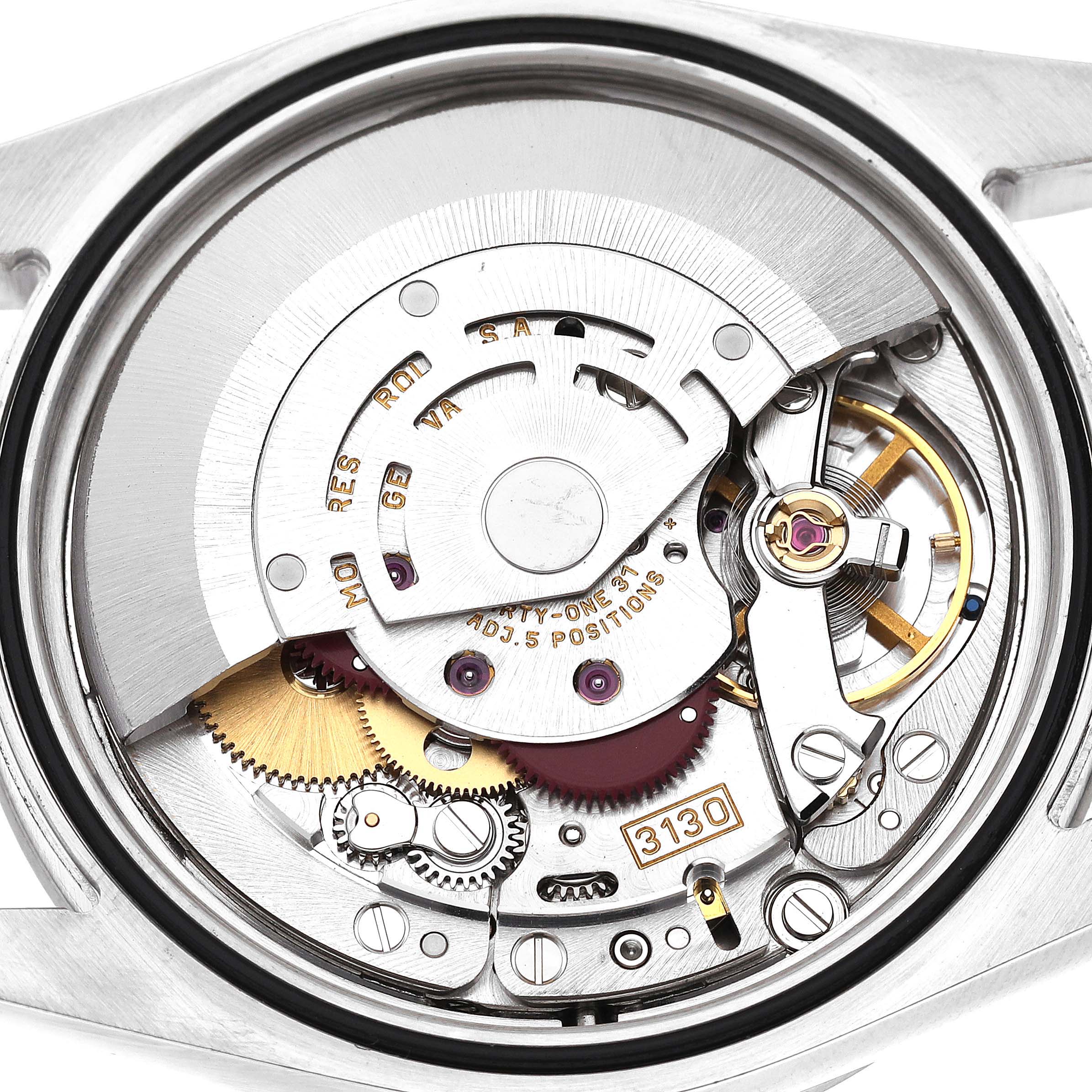 This image shows the internal movement of a Rolex Explorer 114270 Men
s Stainless Steel Black Dial 114270 Men
s Stainless Steel Black Dial watch, highlighting gears, the balance wheel, and components marked "3130."