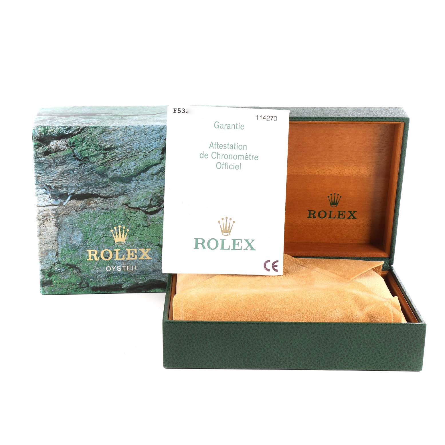 The image shows the packaging, box, and warranty card for a Rolex Explorer 114270 Men
s Stainless Steel Black Dial 114270 Men
s Stainless Steel Black Dial watch.