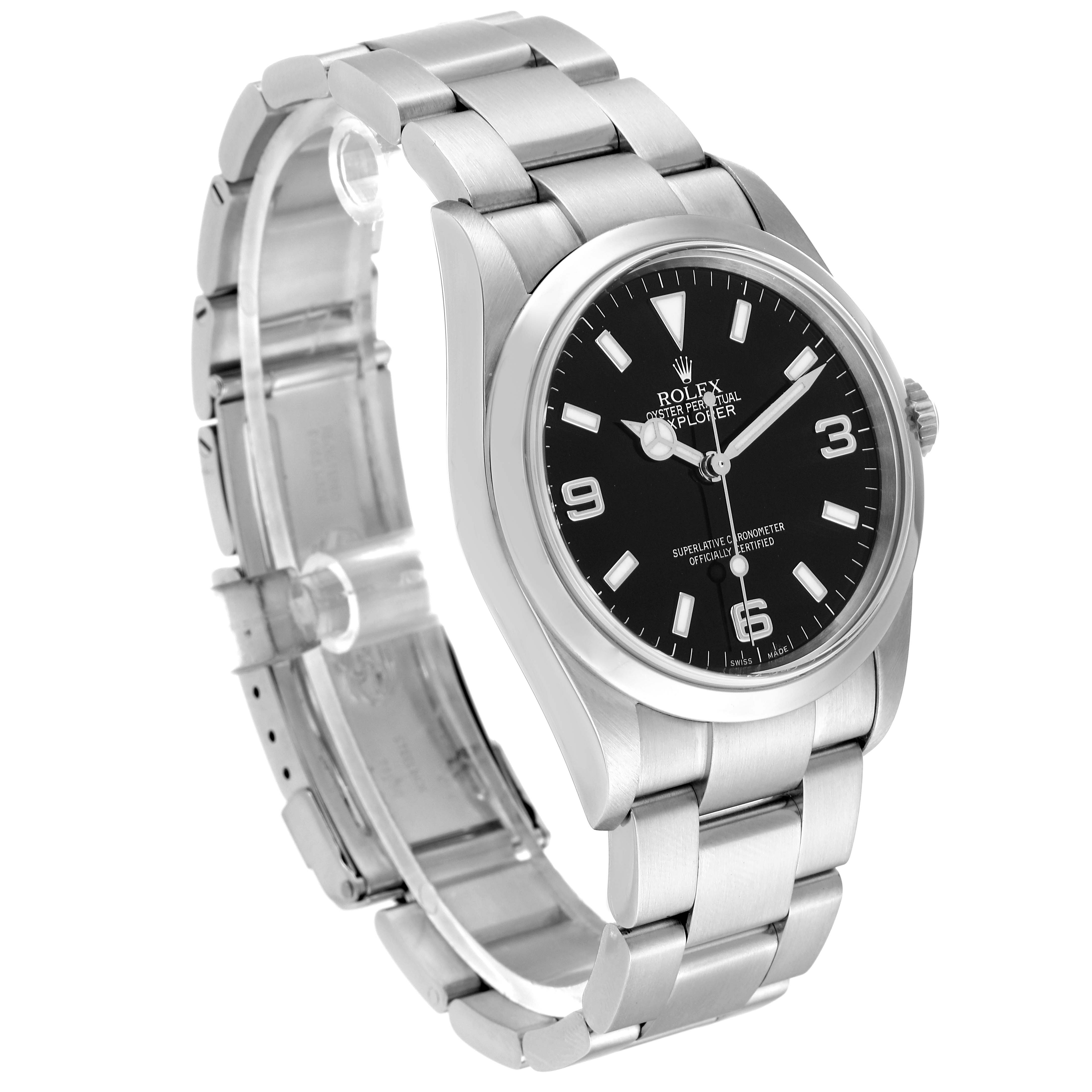 The image shows a Rolex Explorer 114270 Men
s Stainless Steel Black Dial 114270 Men
s Stainless Steel Black Dial watch from a three-quarter angle, highlighting its black dial, stainless steel case, and bracelet.