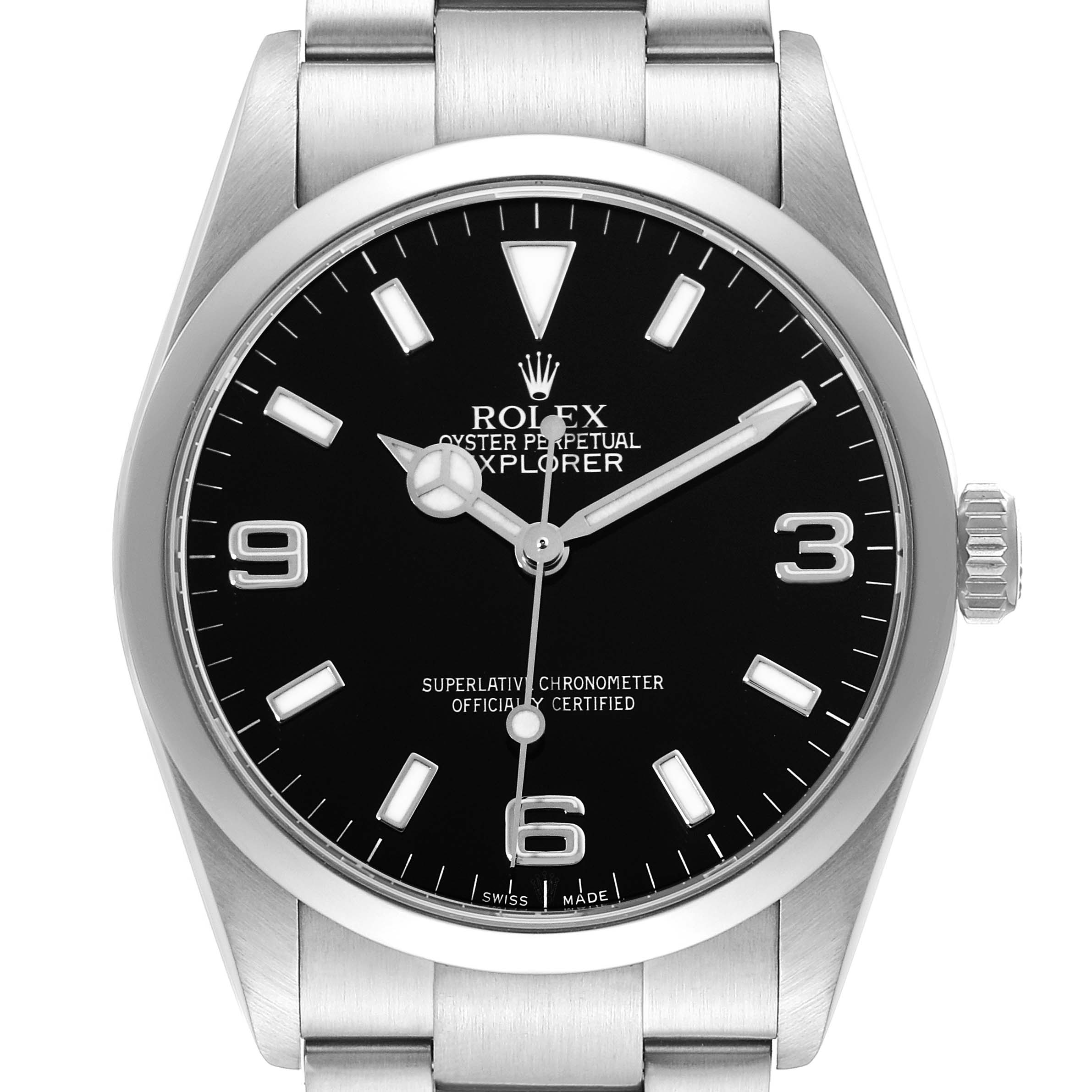 This image shows a front view of a Rolex Explorer 114270 Men
s Stainless Steel Black Dial 114270 Men
s Stainless Steel Black Dial watch, highlighting the dial, hands, crown, and part of the bracelet.
