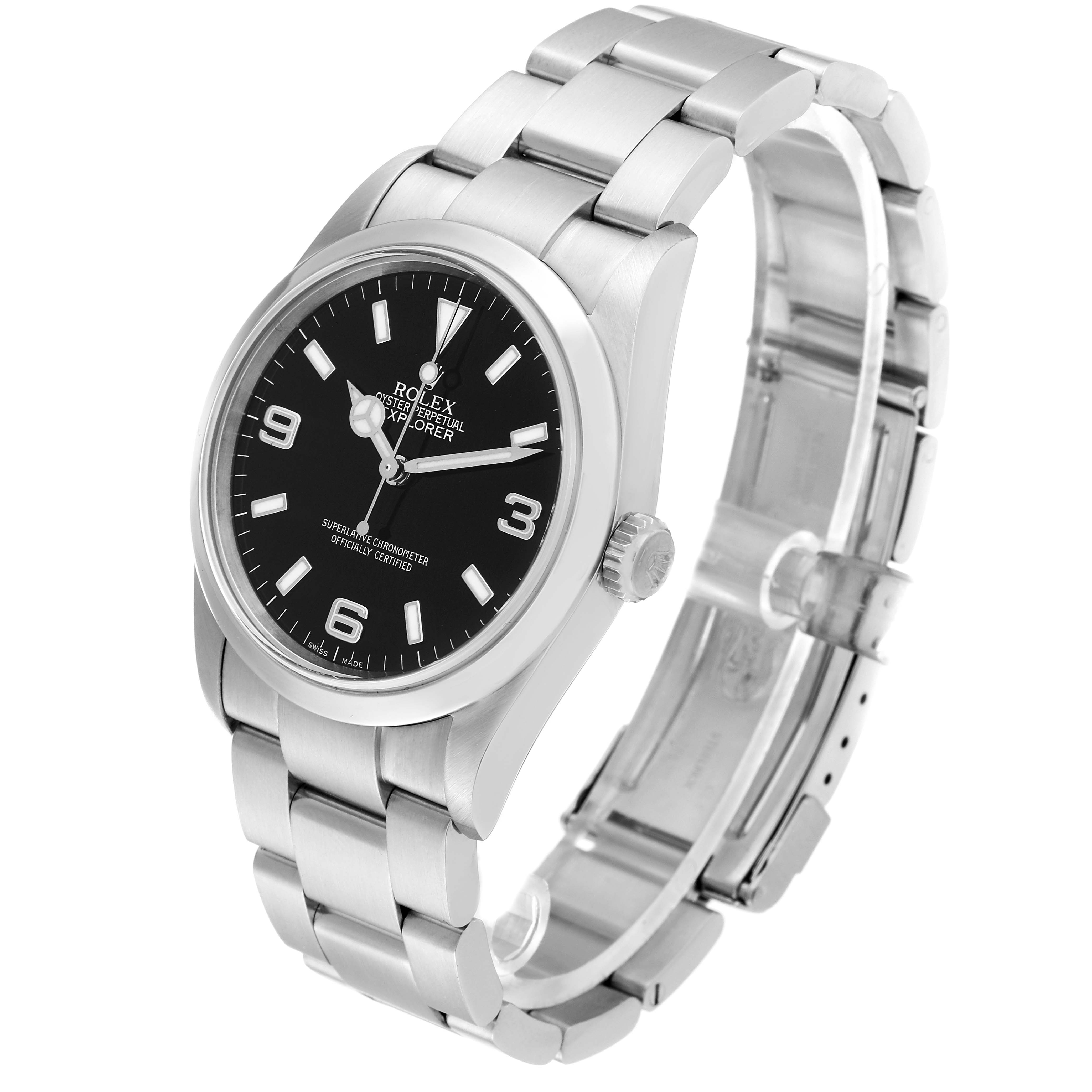 The image shows a side-angle view of the Rolex Explorer 114270 Men
s Stainless Steel Black Dial 114270 Men
s Stainless Steel Black Dial watch, displaying the watch face, crown, and metal bracelet.