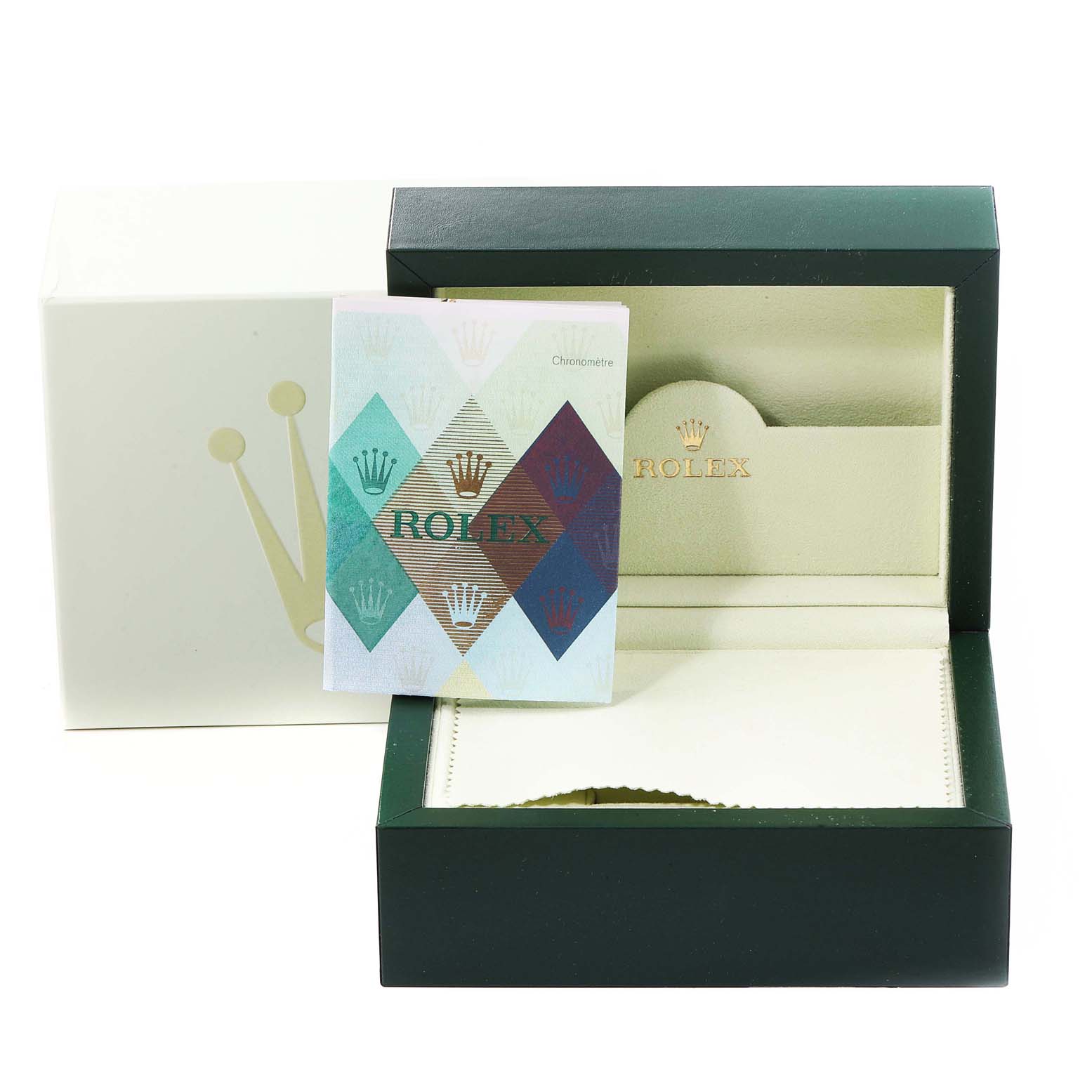 The image shows the box and packaging, including a booklet, for a Rolex Explorer 16570 Men
s Stainless Steel White Dial 16570 Men
s Stainless Steel White Dial watch.