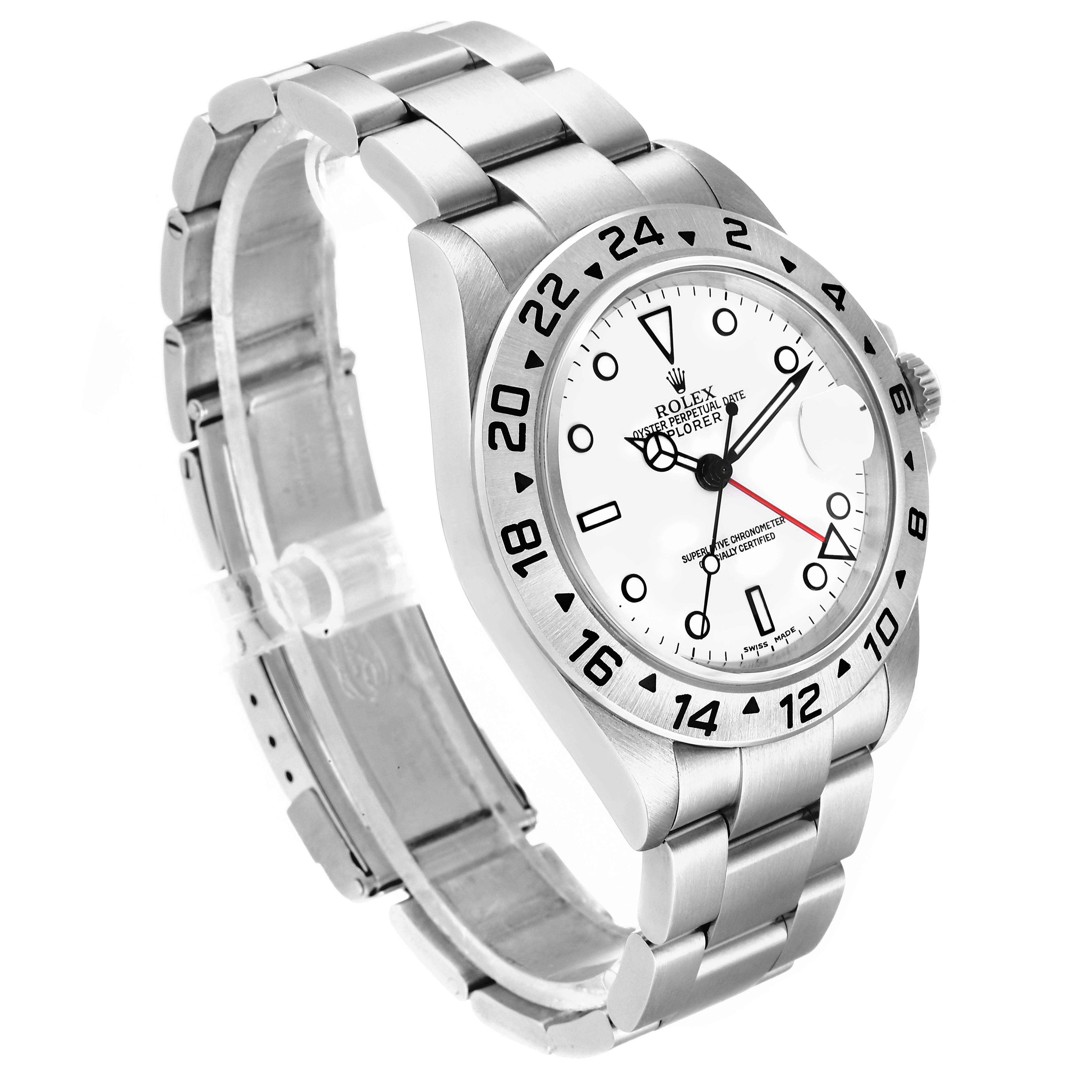 The image shows a Rolex Explorer 16570 Men
s Stainless Steel White Dial 16570 Men
s Stainless Steel White Dial watch from an angled side view, highlighting the bracelet, bezel, dial, and crown.