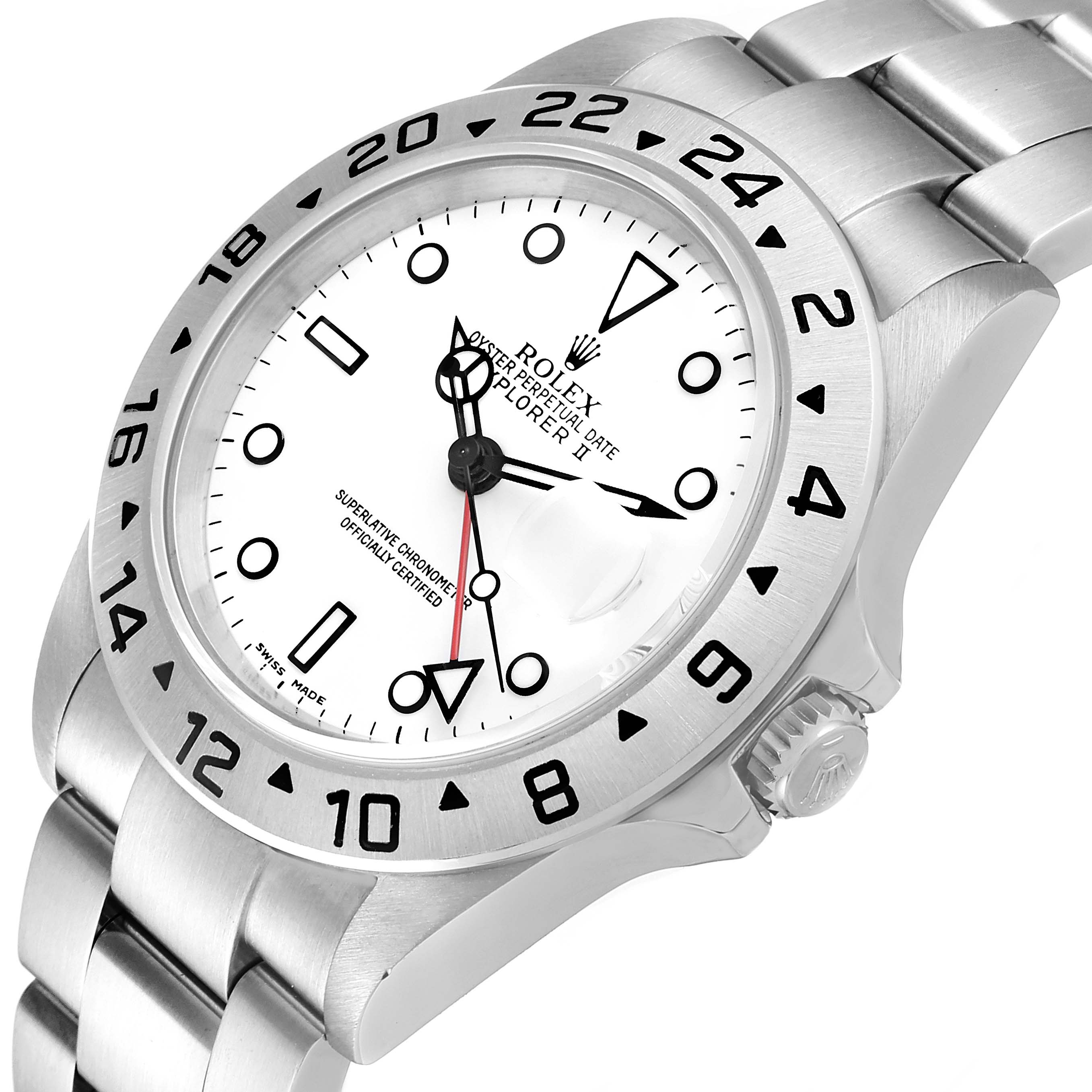 The image shows a Rolex Explorer 16570 Men
s Stainless Steel White Dial 16570 Men
s Stainless Steel White Dial watch from an angled top view, highlighting the bezel, dial, bracelet, and crown.