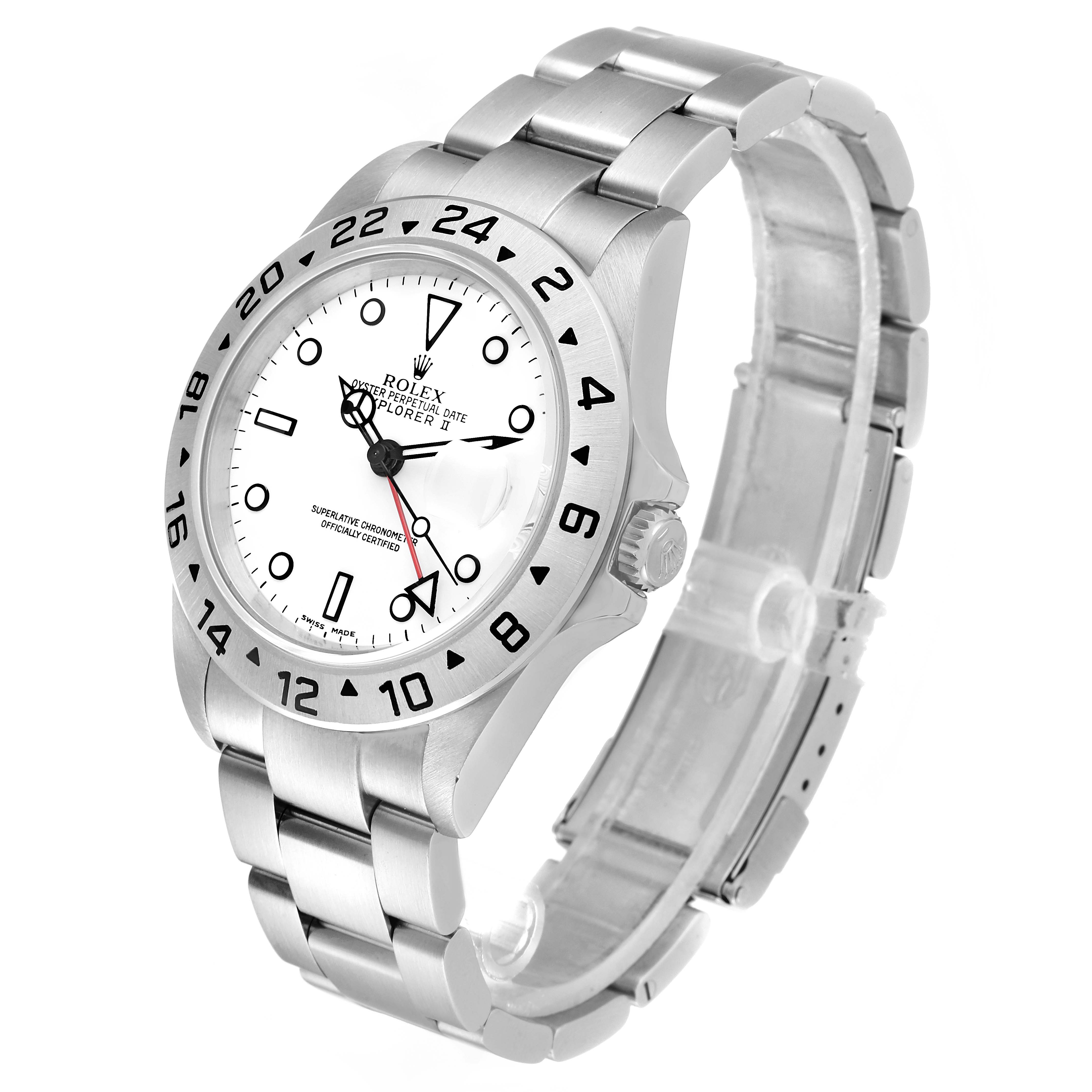 The image shows a Rolex Explorer 16570 Men
s Stainless Steel White Dial 16570 Men
s Stainless Steel White Dial watch at an angle highlighting its face, bezel, and bracelet.