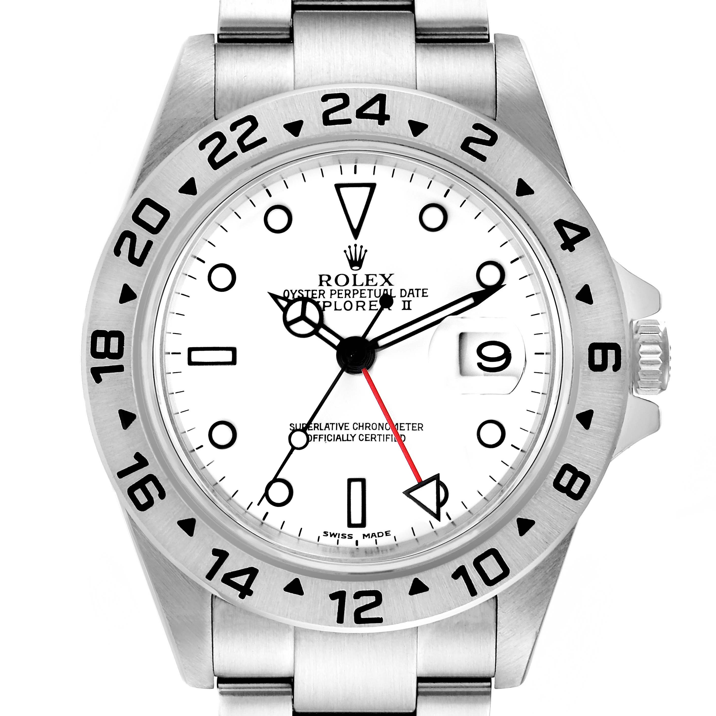 The image shows a front view of a Rolex Explorer 16570 Men
s Stainless Steel White Dial 16570 Men
s Stainless Steel White Dial watch, detailing its white dial, date display, and stainless steel bracelet.