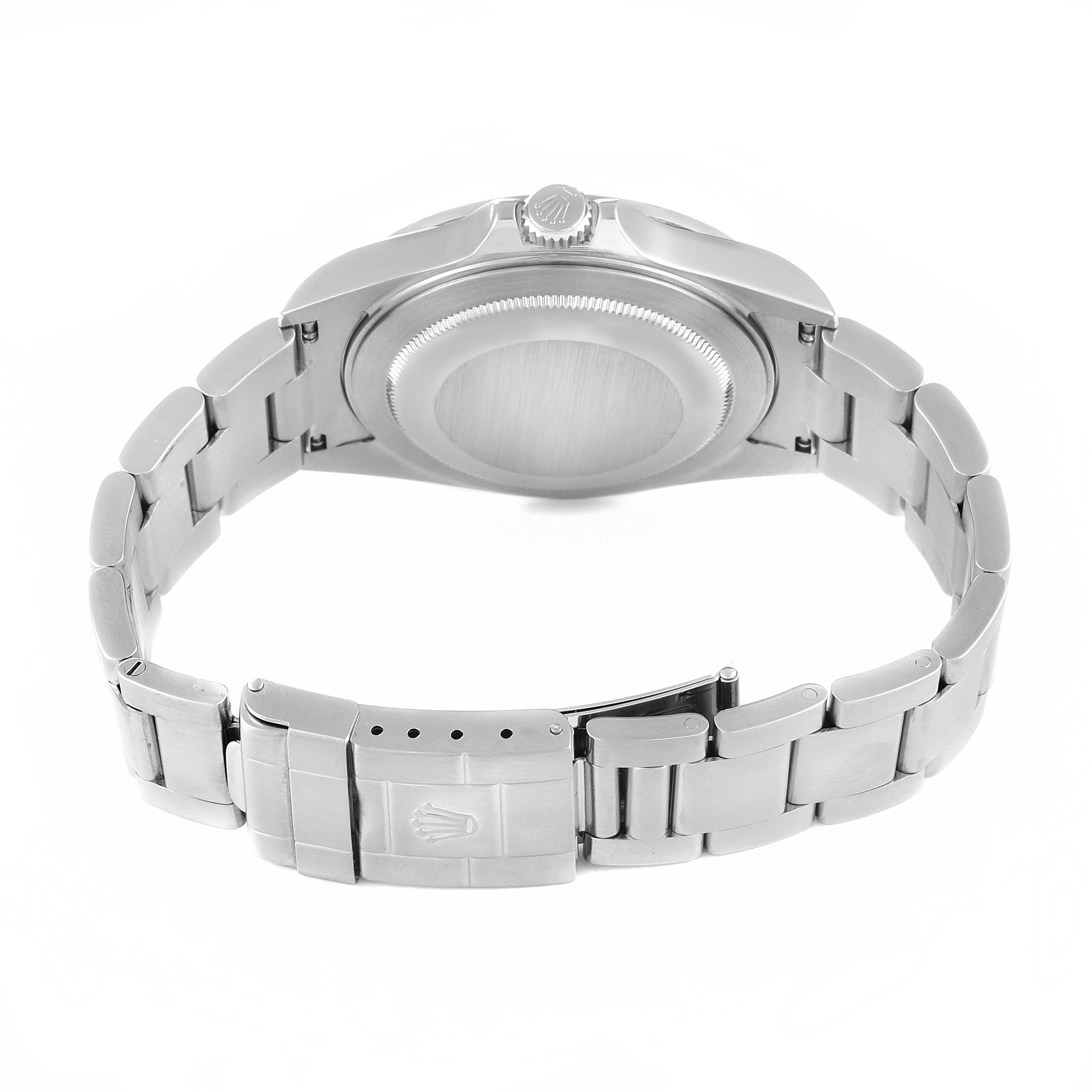 The image shows the back view of a Rolex Explorer 16570 Men
s Stainless Steel White Dial 16570 Men
s Stainless Steel White Dial watch, highlighting its stainless steel case, bracelet, and clasp.