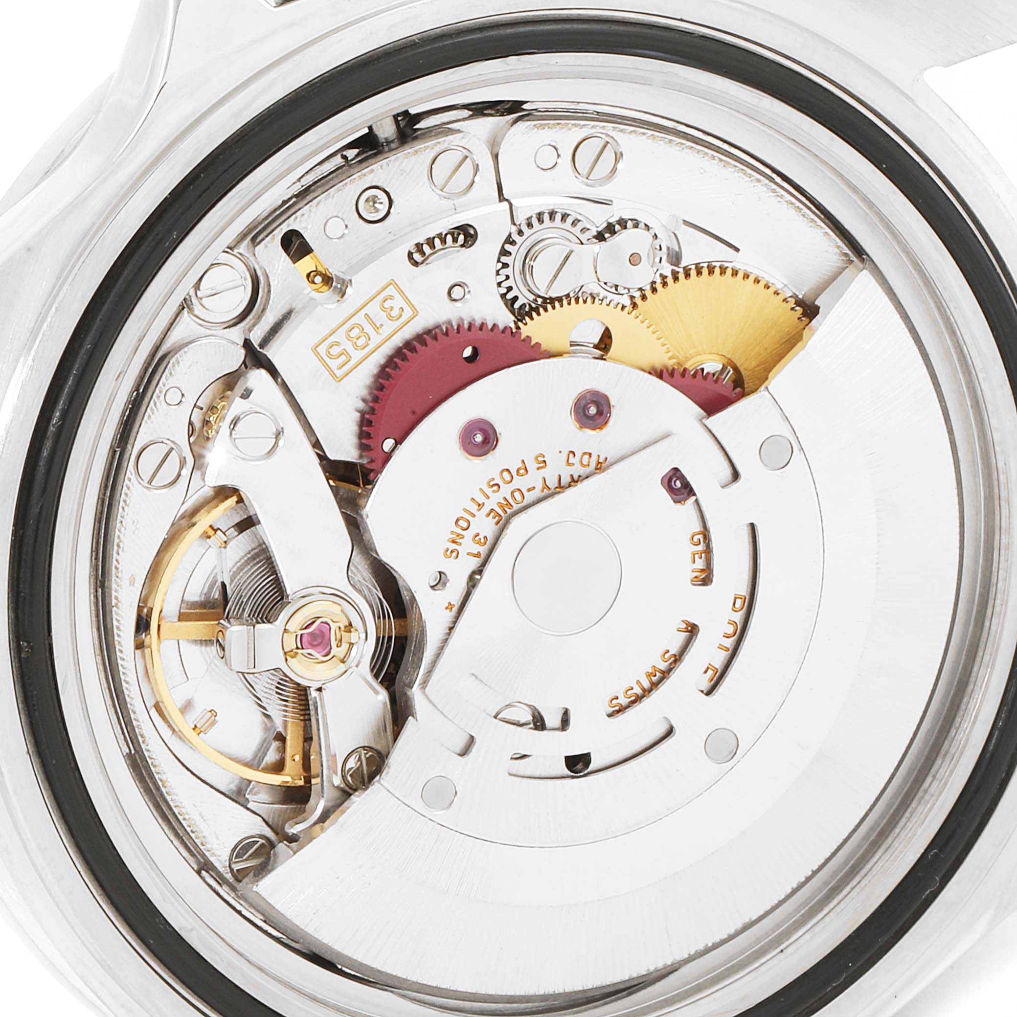 The image shows the intricate internal mechanical movement of a Rolex Explorer 16570 Men
s Stainless Steel White Dial 16570 Men
s Stainless Steel White Dial watch, taken from a back angle.