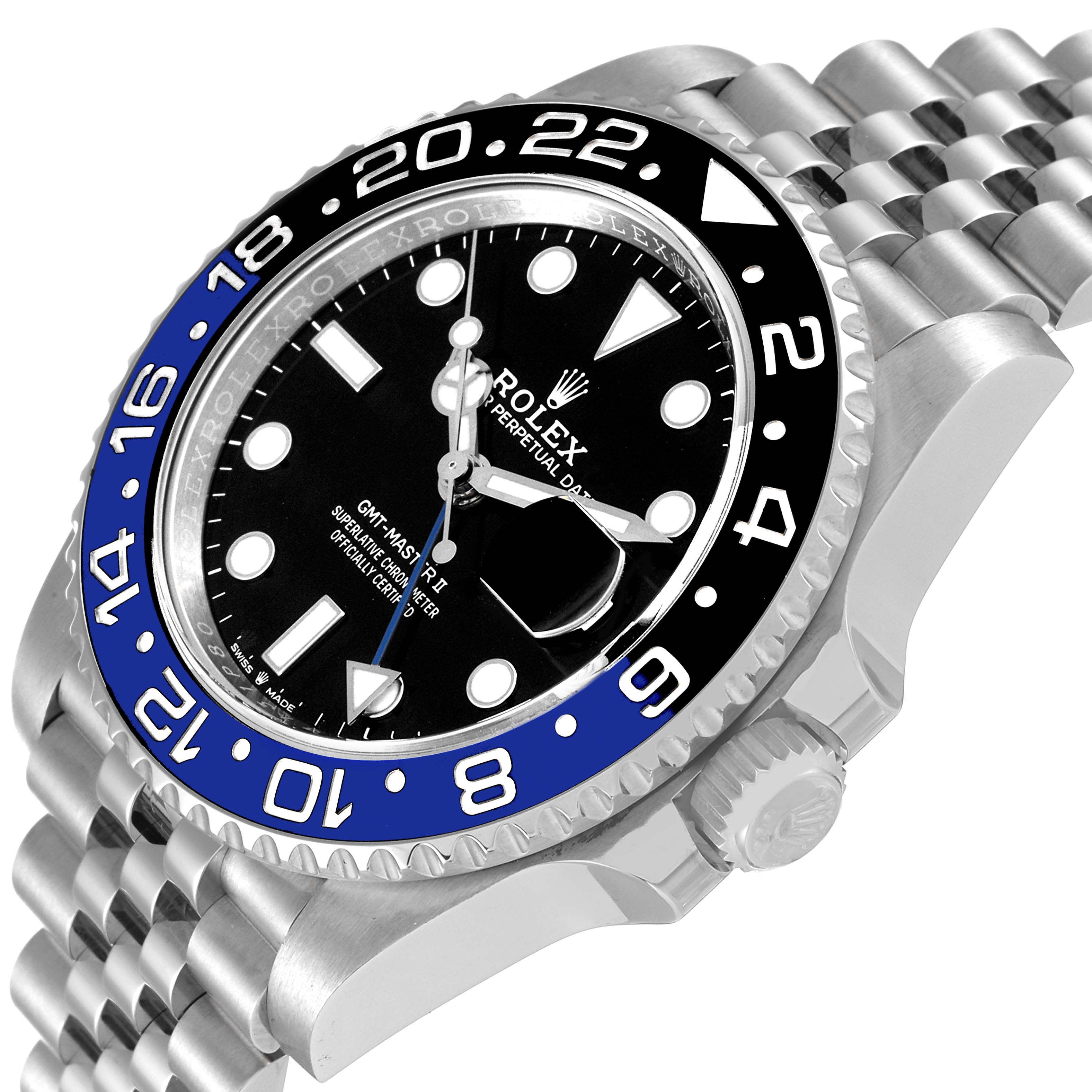 The image shows a close-up angle of a Rolex GMT-Master 126710 Men
s Stainless Steel Black Dial 126710 Men
s Stainless Steel Black Dial watch featuring its bezel, dial, and part of its jubilee bracelet.