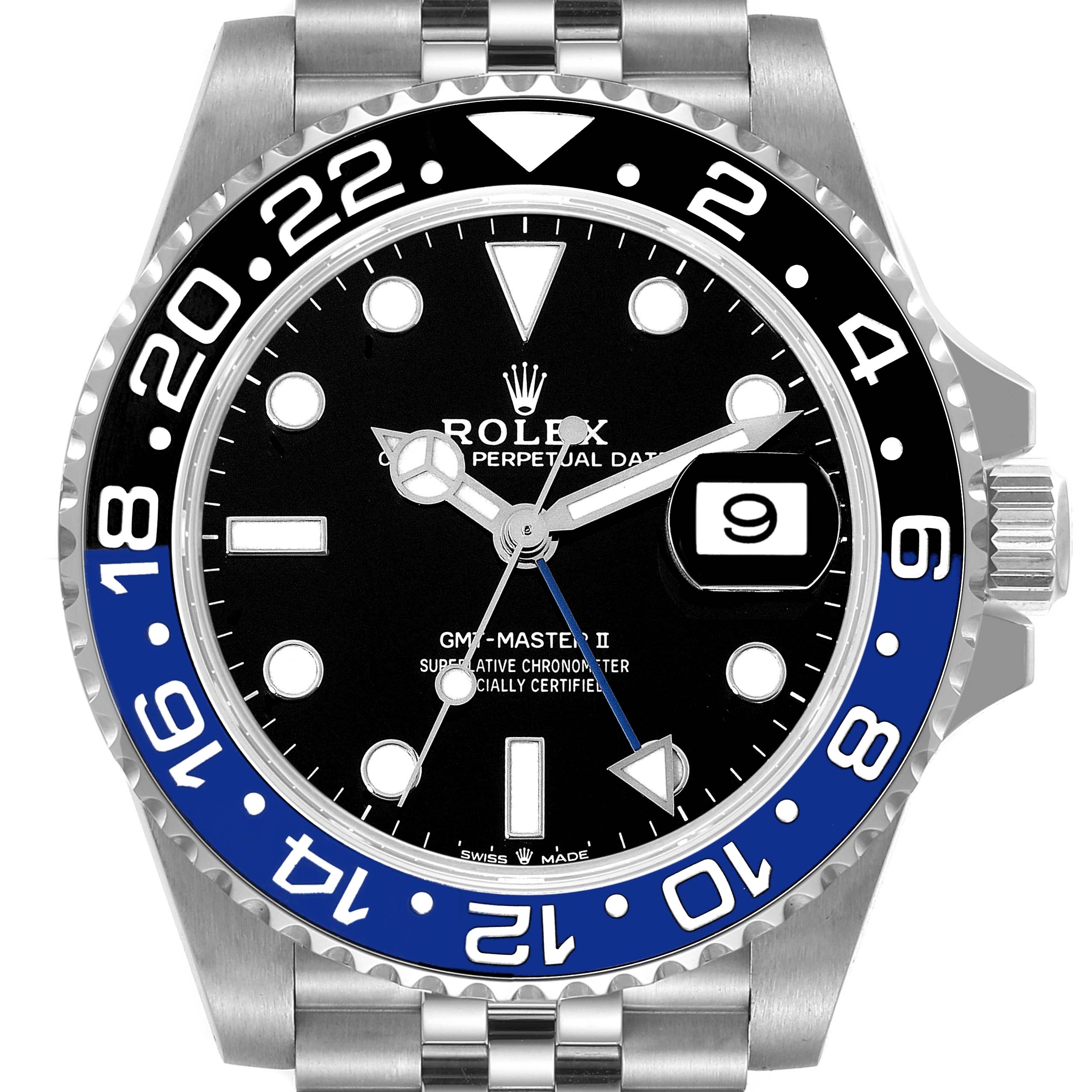 The Rolex GMT-Master 126710 Men
s Stainless Steel Black Dial 126710 Men
s Stainless Steel Black Dial II watch is shown from a top-down angle, displaying the dial, bezel, hands, date window, and bracelet.