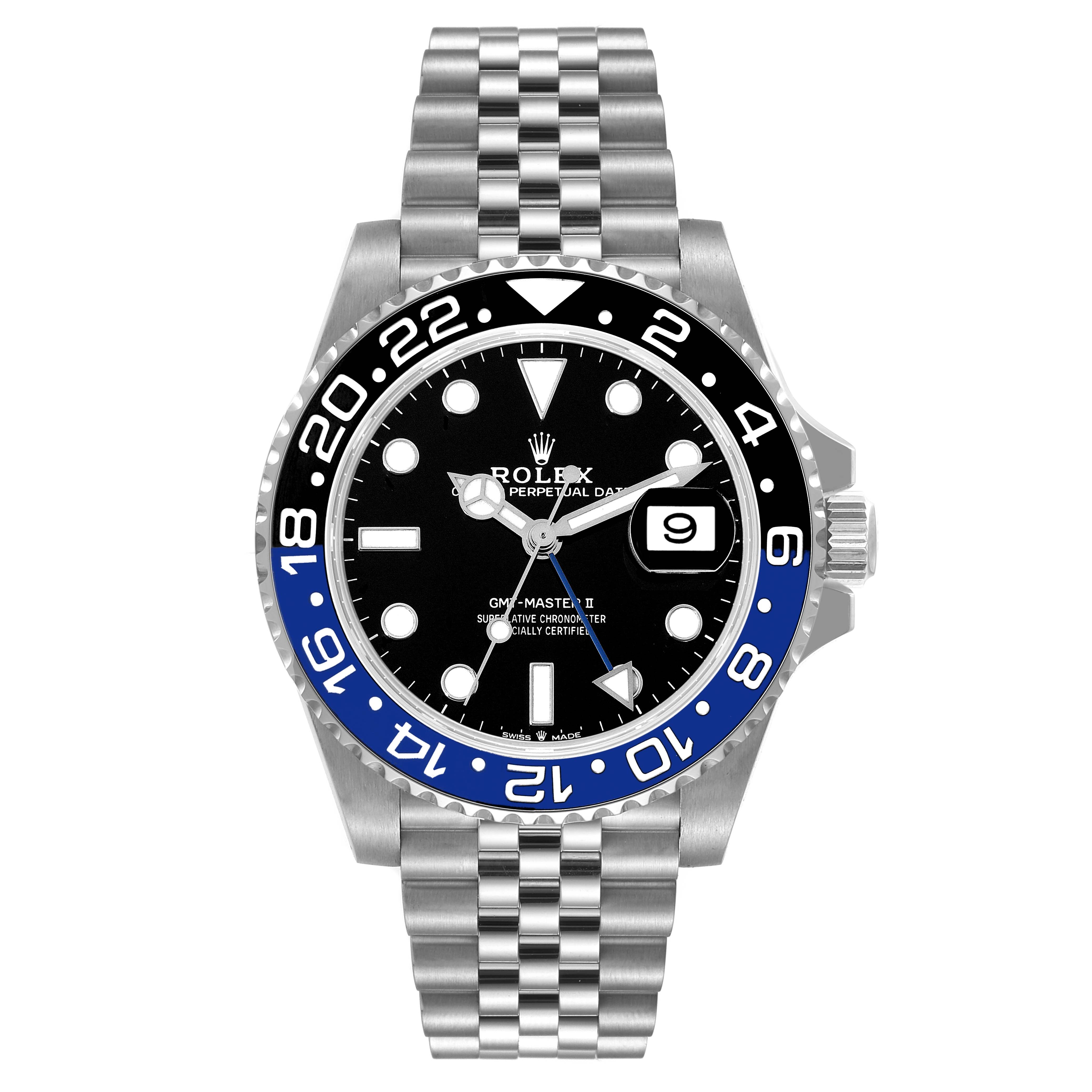 This image shows a front view of a Rolex GMT-Master 126710 Men
s Stainless Steel Black Dial 126710 Men
s Stainless Steel Black Dial II watch, featuring its dial, bezel, date window, and stainless steel bracelet.