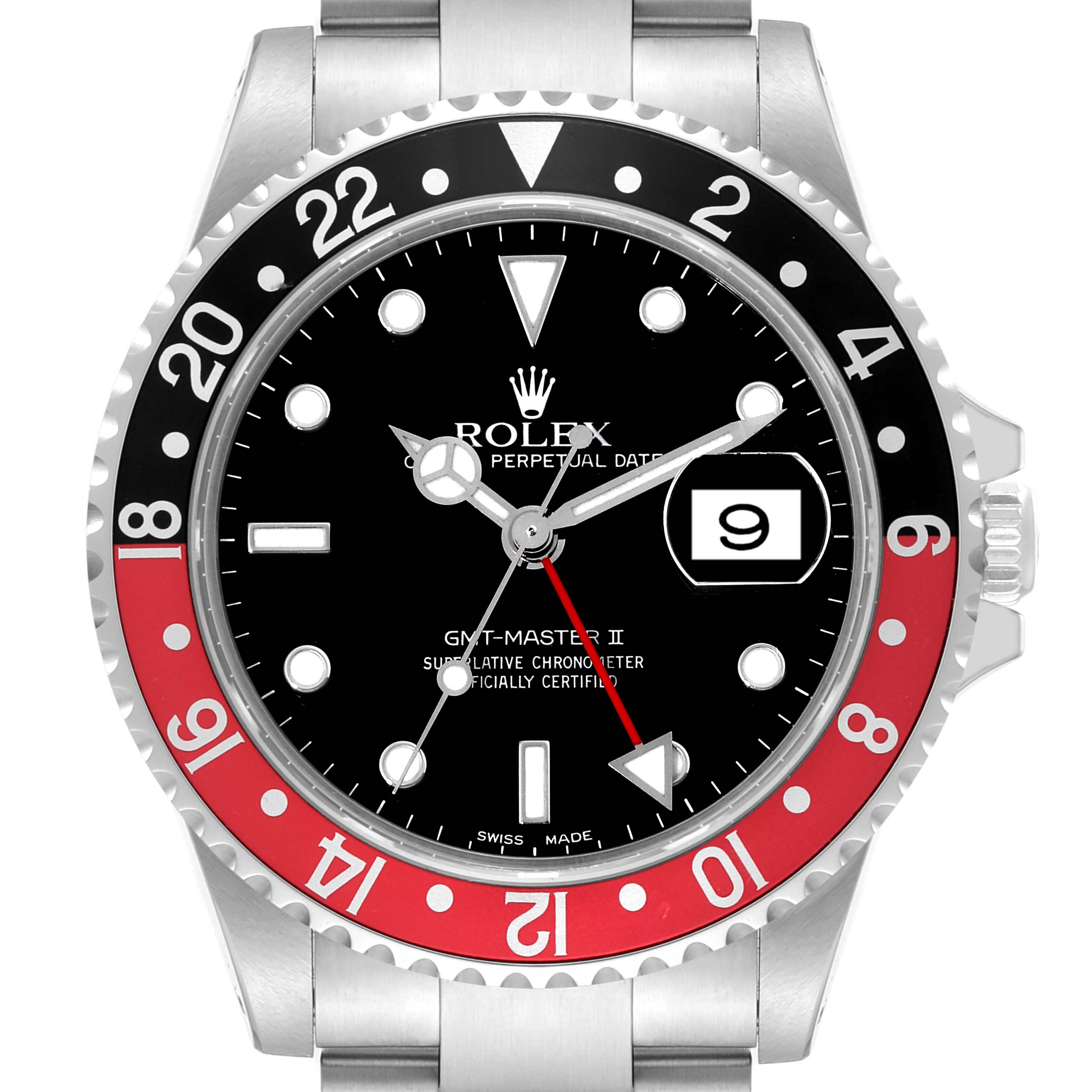 This image shows a front view of a Rolex GMT-Master 16710 Men
s Stainless Steel Black Dial 16710 Men
s Stainless Steel Black Dial II watch, displaying its bezel, dial, hands, and date feature.