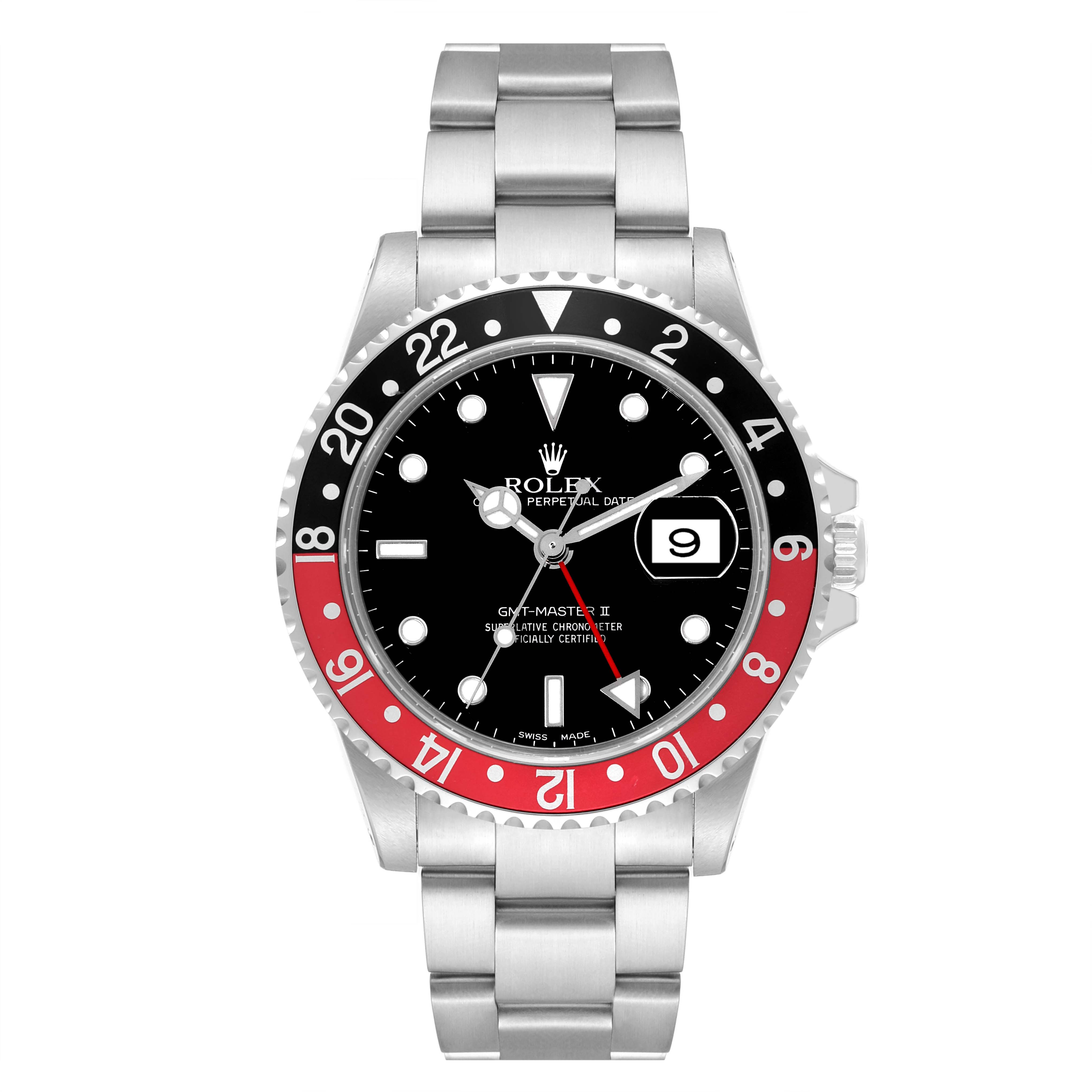The image shows a front view of the Rolex GMT-Master 16710 Men
s Stainless Steel Black Dial 16710 Men
s Stainless Steel Black Dial II watch, displaying the bezel, dial, bracelet, and date window.