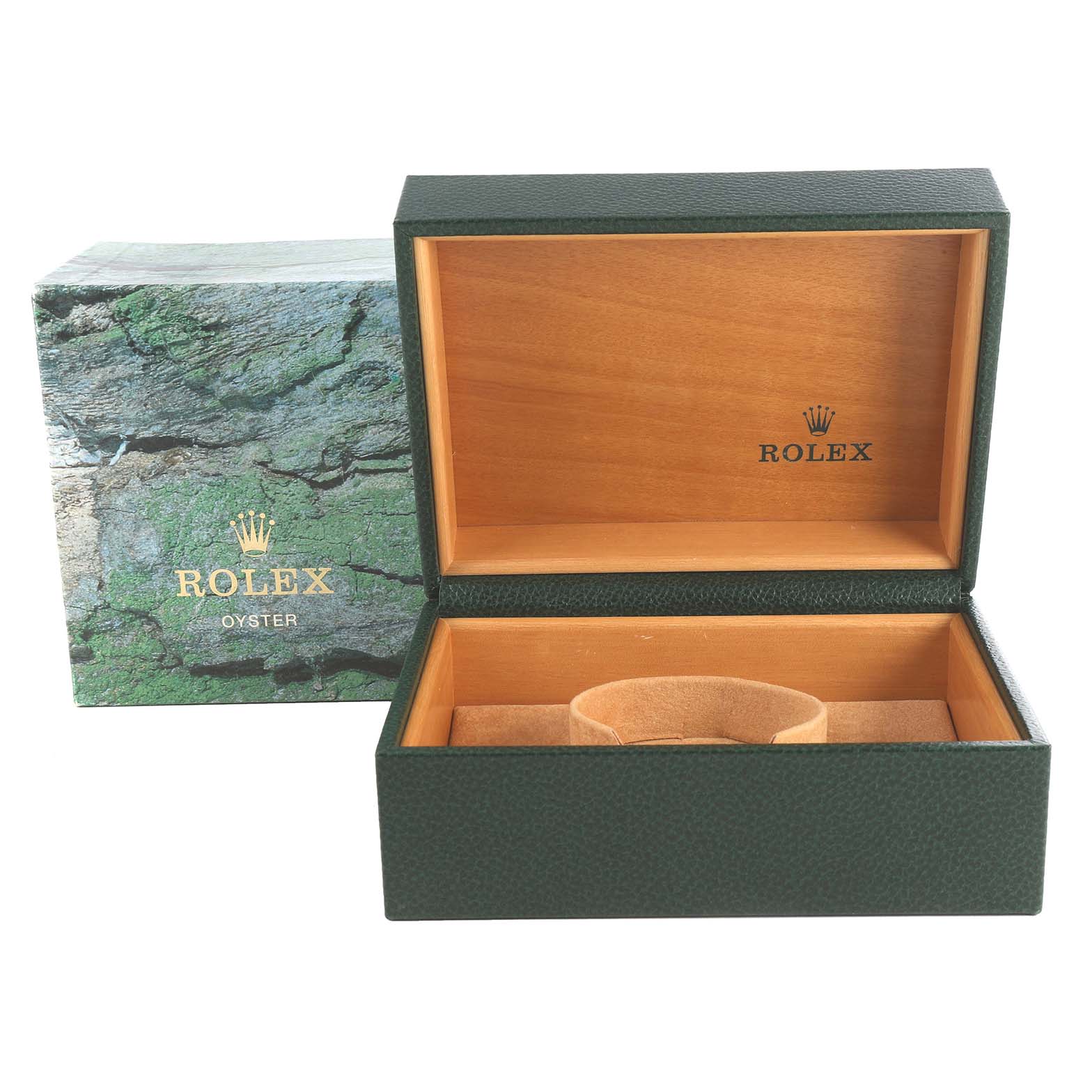 The image shows an open Rolex GMT-Master 16710 Men
s Stainless Steel Black Dial 16710 Men
s Stainless Steel Black Dial watch box, displaying its interior and a protective cushion, with the outer box in the background.