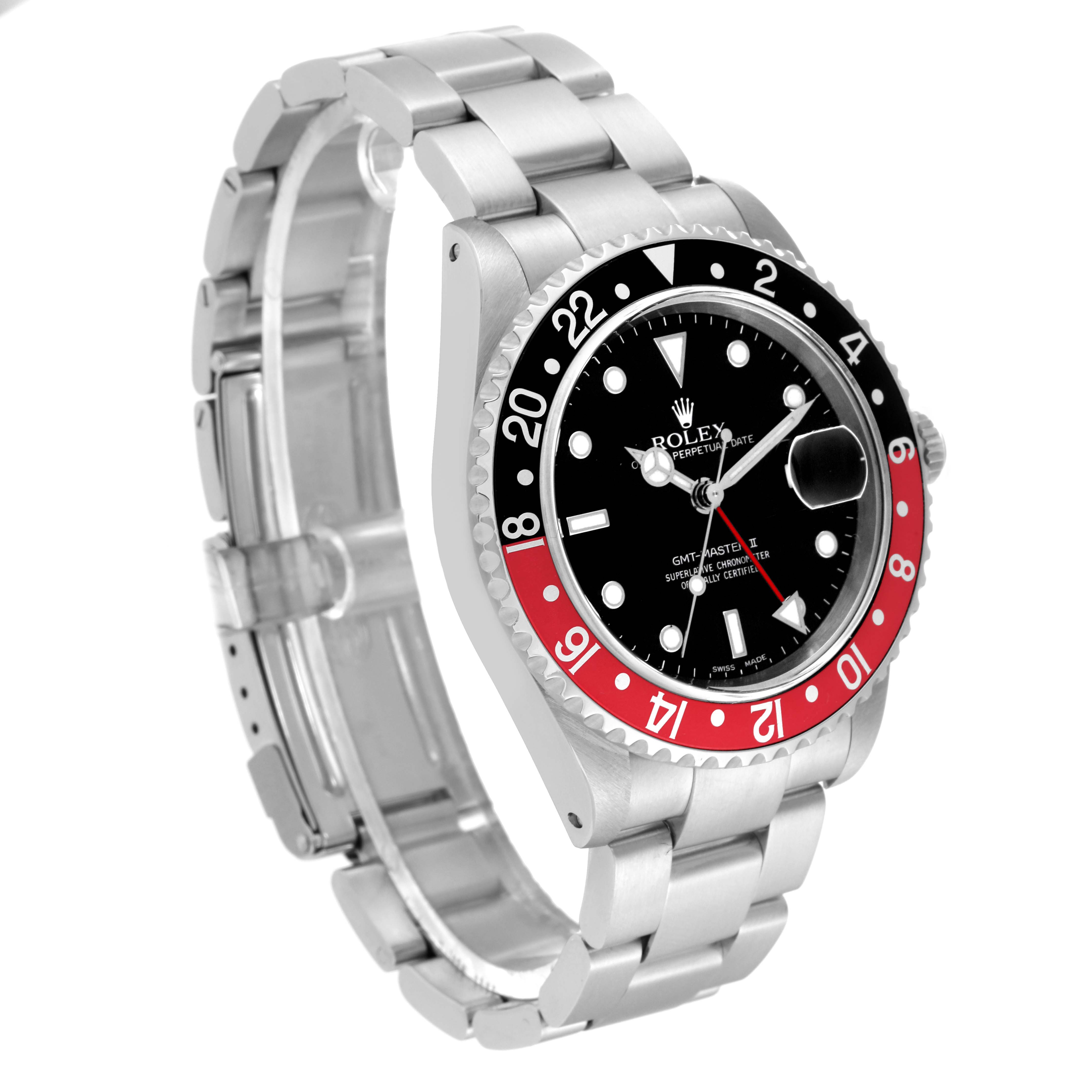 The Rolex GMT-Master 16710 Men
s Stainless Steel Black Dial 16710 Men
s Stainless Steel Black Dial watch is shown at a left angle, displaying its face, bezel, and bracelet.