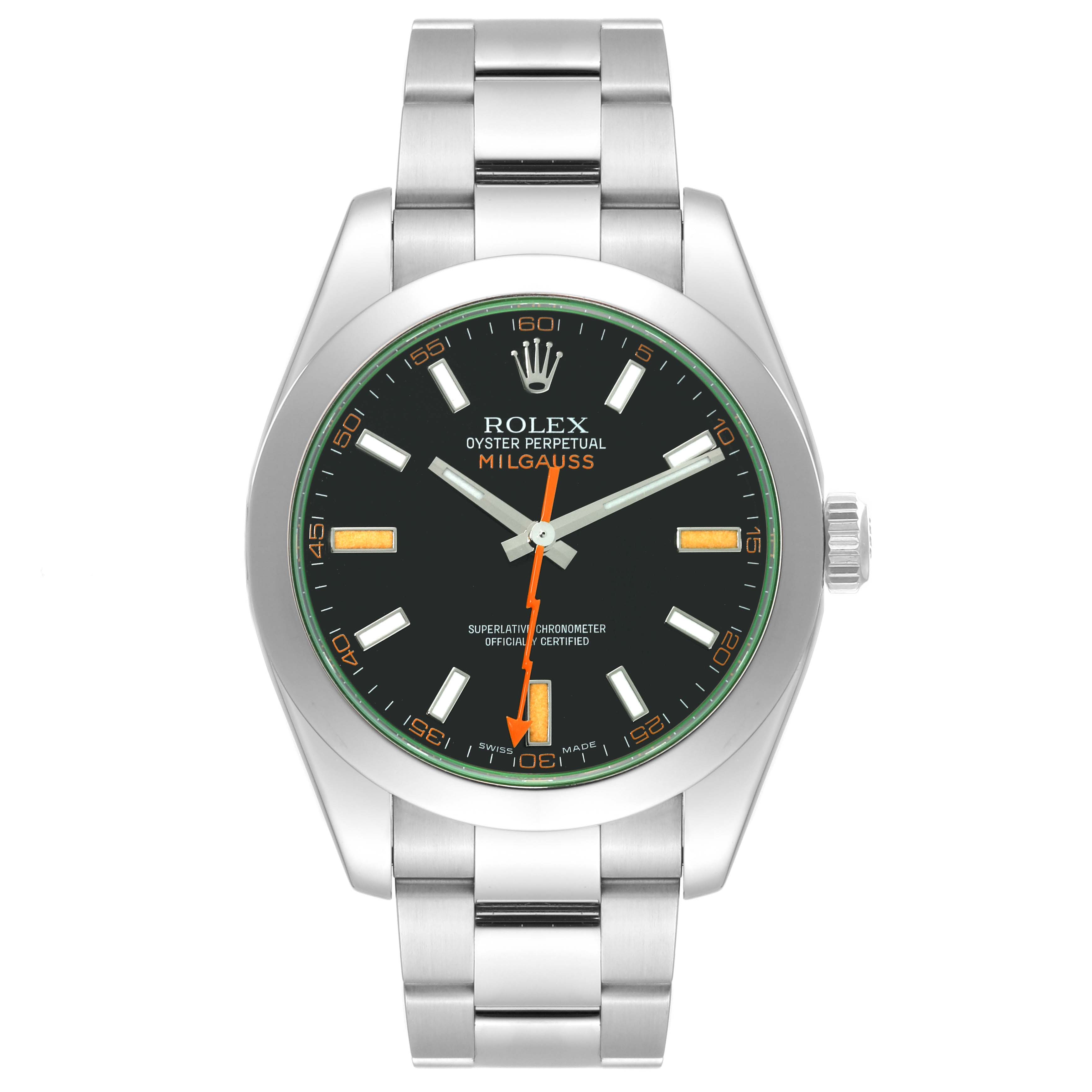 This image shows a front view of a Rolex Milgauss 116400 Men's Stainless Steel Black Dial 116400 Men's Stainless Steel Black Dial watch, highlighting the dial, hands, bezel, and stainless steel bracelet.