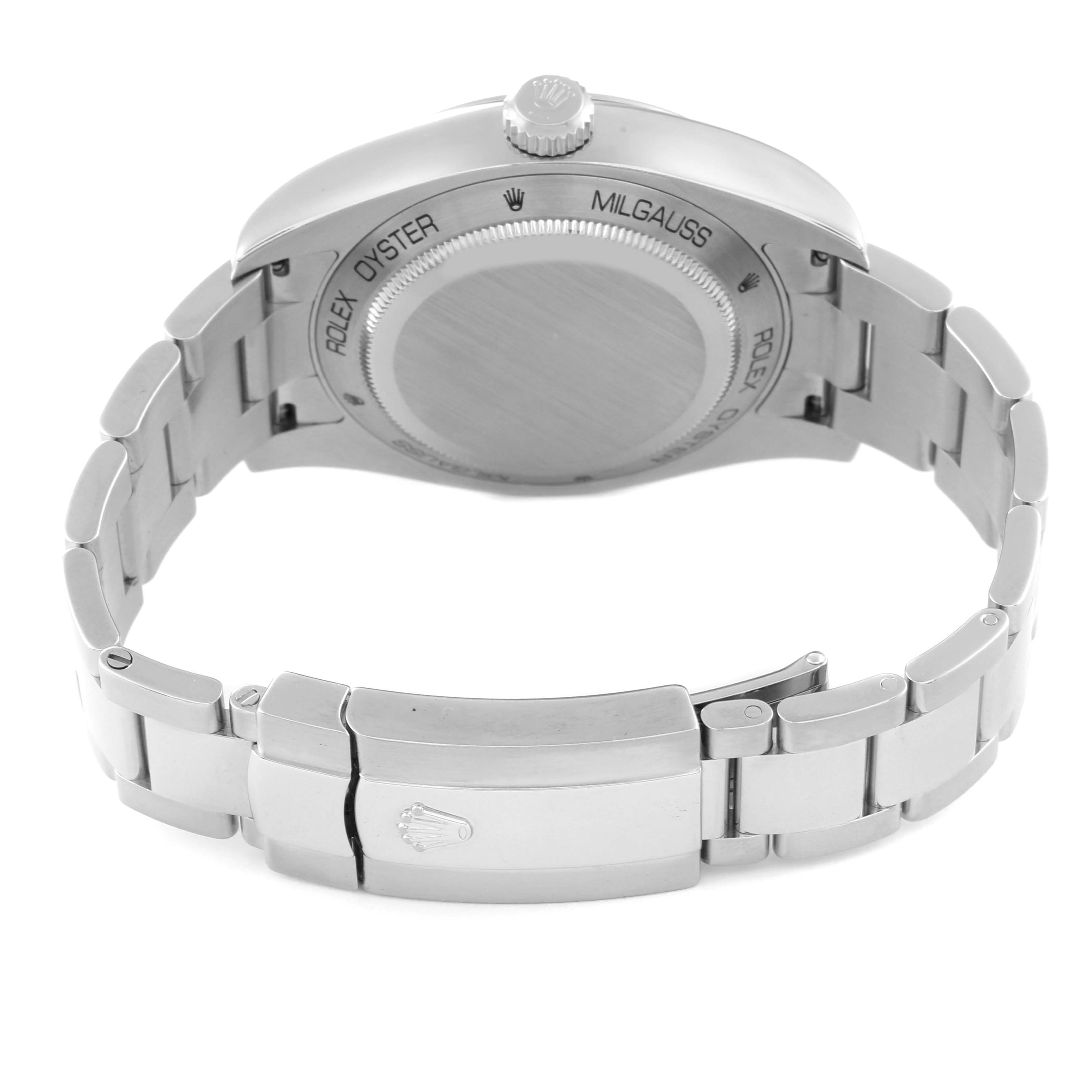 The image shows the back view of a Rolex Milgauss 116400 Men's Stainless Steel Black Dial 116400 Men's Stainless Steel Black Dial watch, highlighting the case back and metal bracelet with clasp.