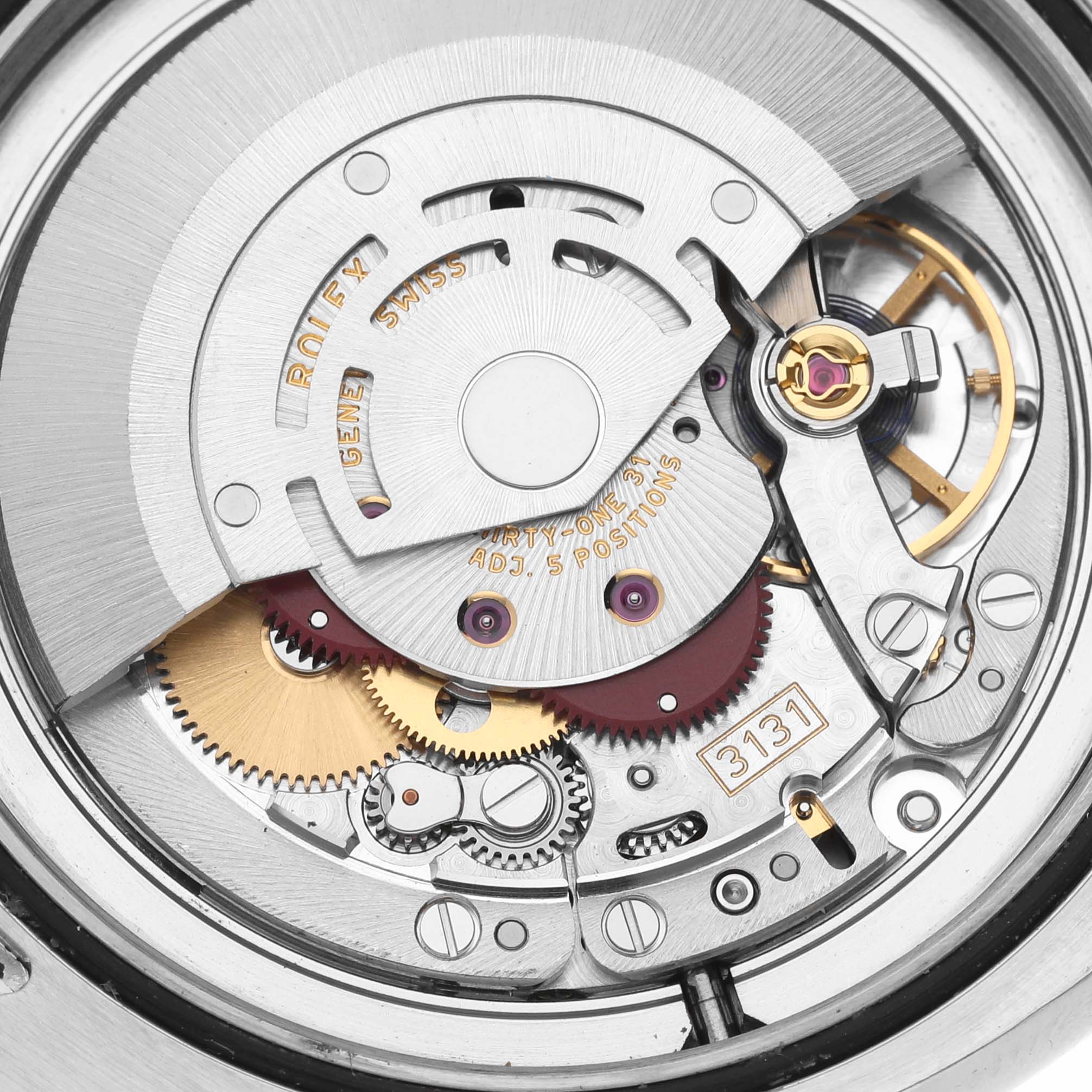 This image shows the internal mechanical movement of a Rolex Milgauss 116400 Men's Stainless Steel Black Dial 116400 Men's Stainless Steel Black Dial watch from a close-up angle.