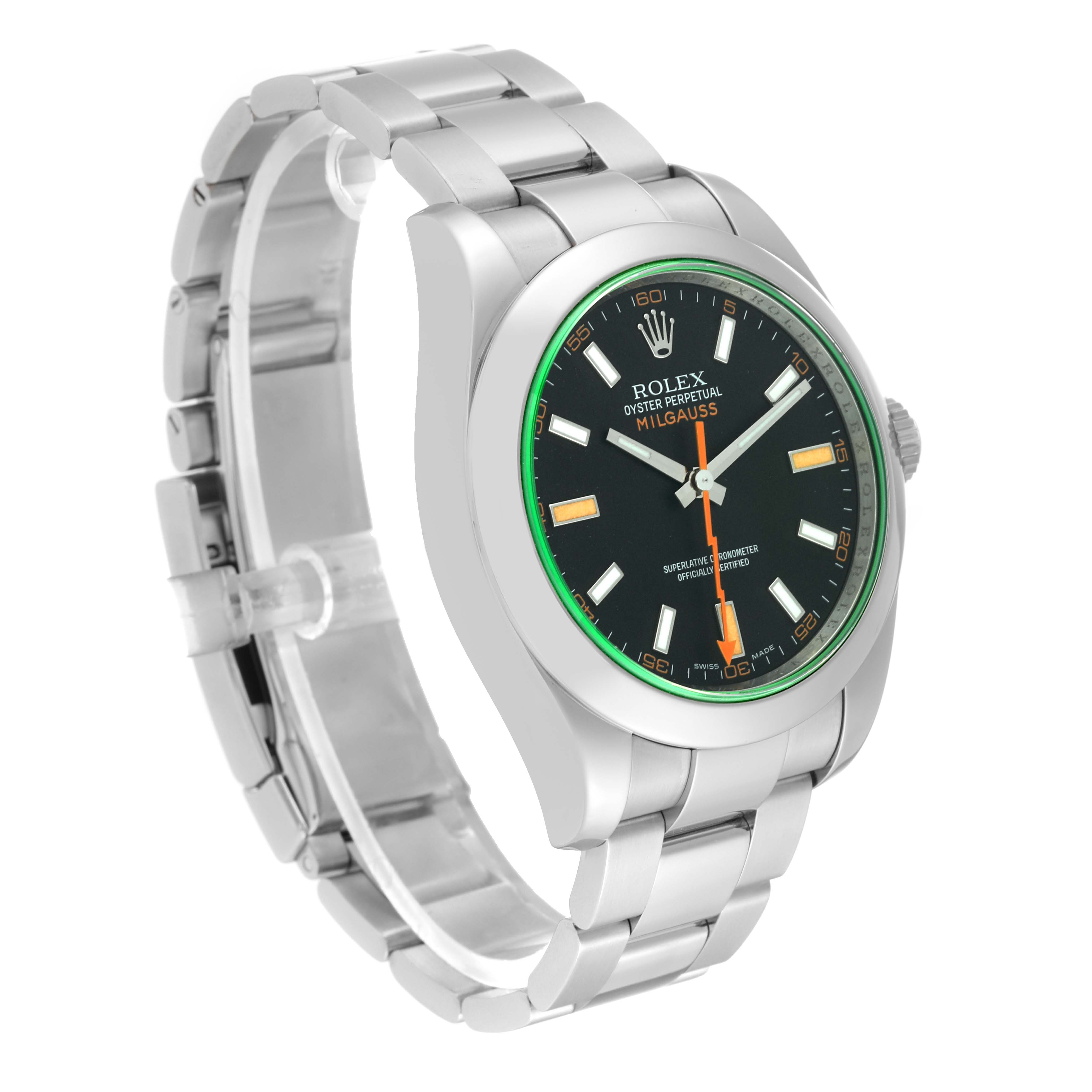 The image shows a Rolex Milgauss 116400 Men's Stainless Steel Black Dial 116400 Men's Stainless Steel Black Dial watch at a three-quarter angle, displaying the bracelet, face, and crown.