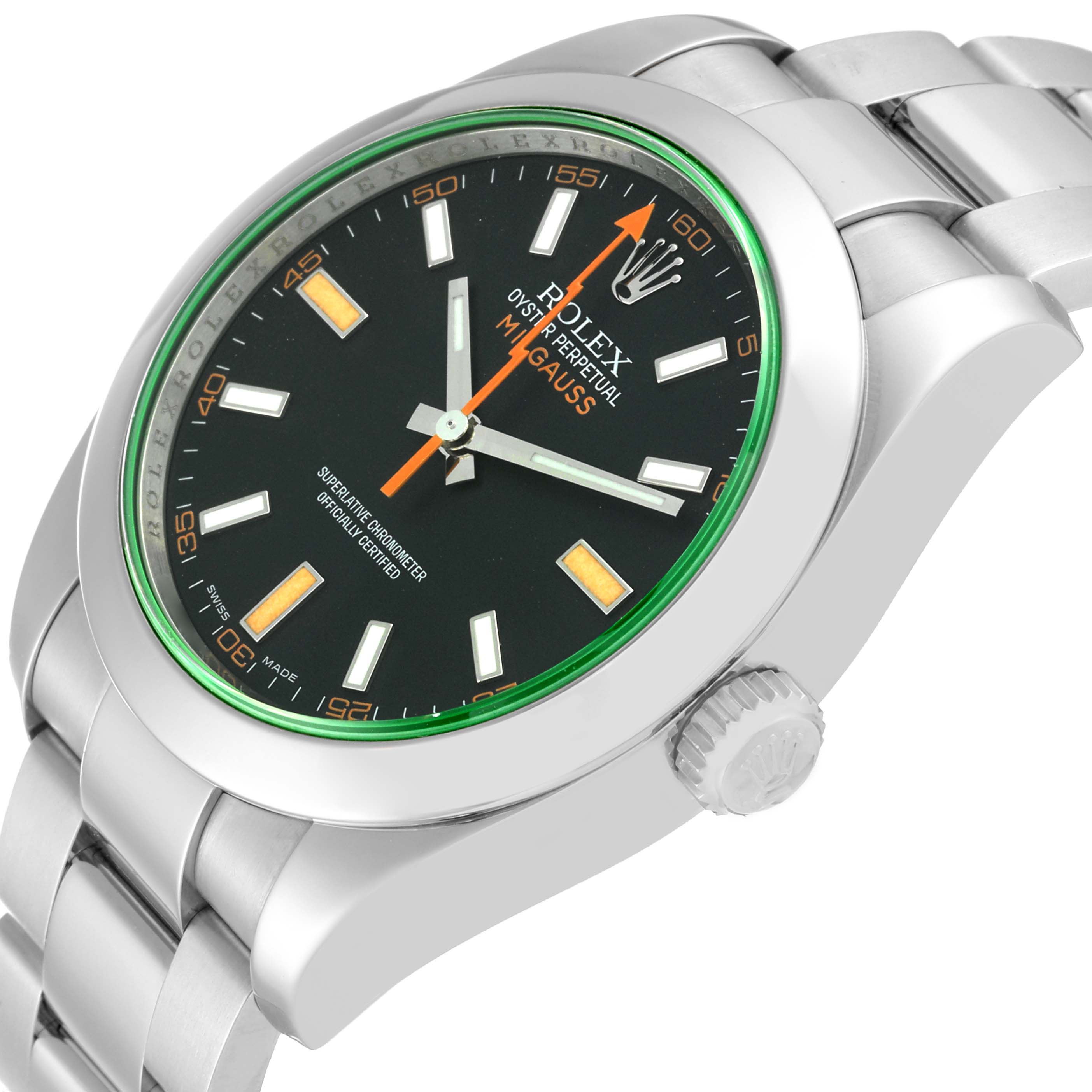 The image shows a side-angle view of a Rolex Milgauss 116400 Men's Stainless Steel Black Dial 116400 Men's Stainless Steel Black Dial watch, highlighting the face, bezel, bracelet, and crown.