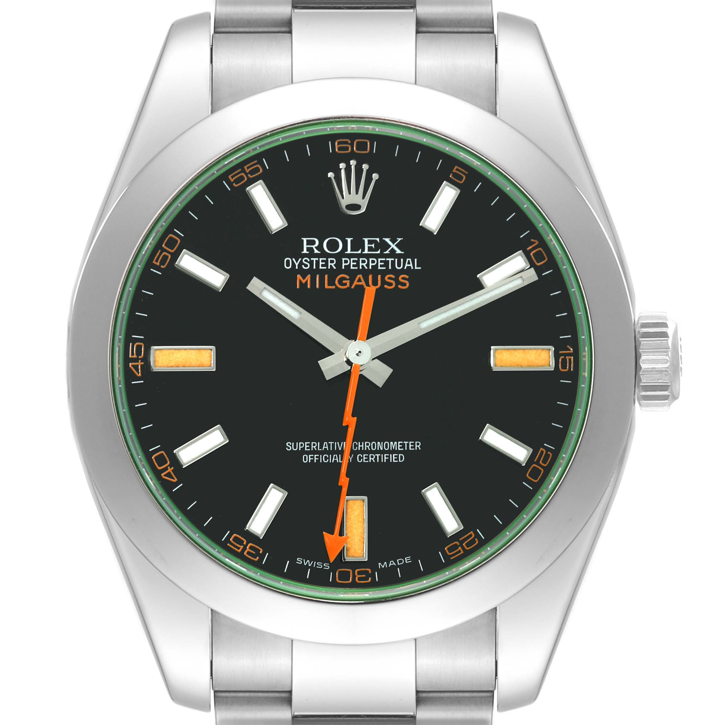 The image shows a front view of the Rolex Milgauss 116400 Men's Stainless Steel Black Dial 116400 Men's Stainless Steel Black Dial watch featuring its black dial, orange lightning bolt seconds hand, and stainless steel bracelet.