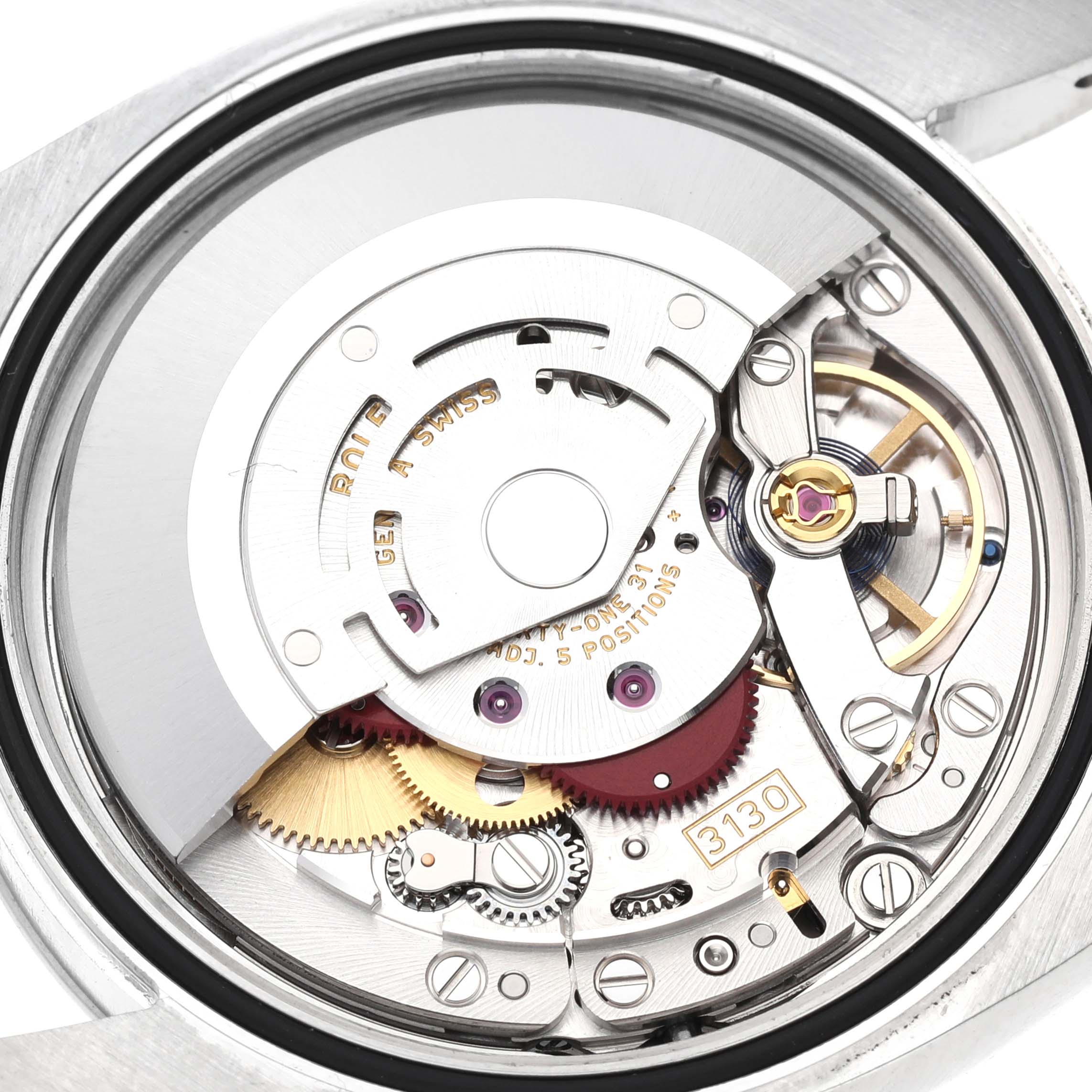 This image shows the intricate internal mechanisms and movement parts of the Rolex Oyster Perpetual 116000 Men's Stainless Steel Black Dial 116000 Men's Stainless Steel Black Dial watch from the back view.