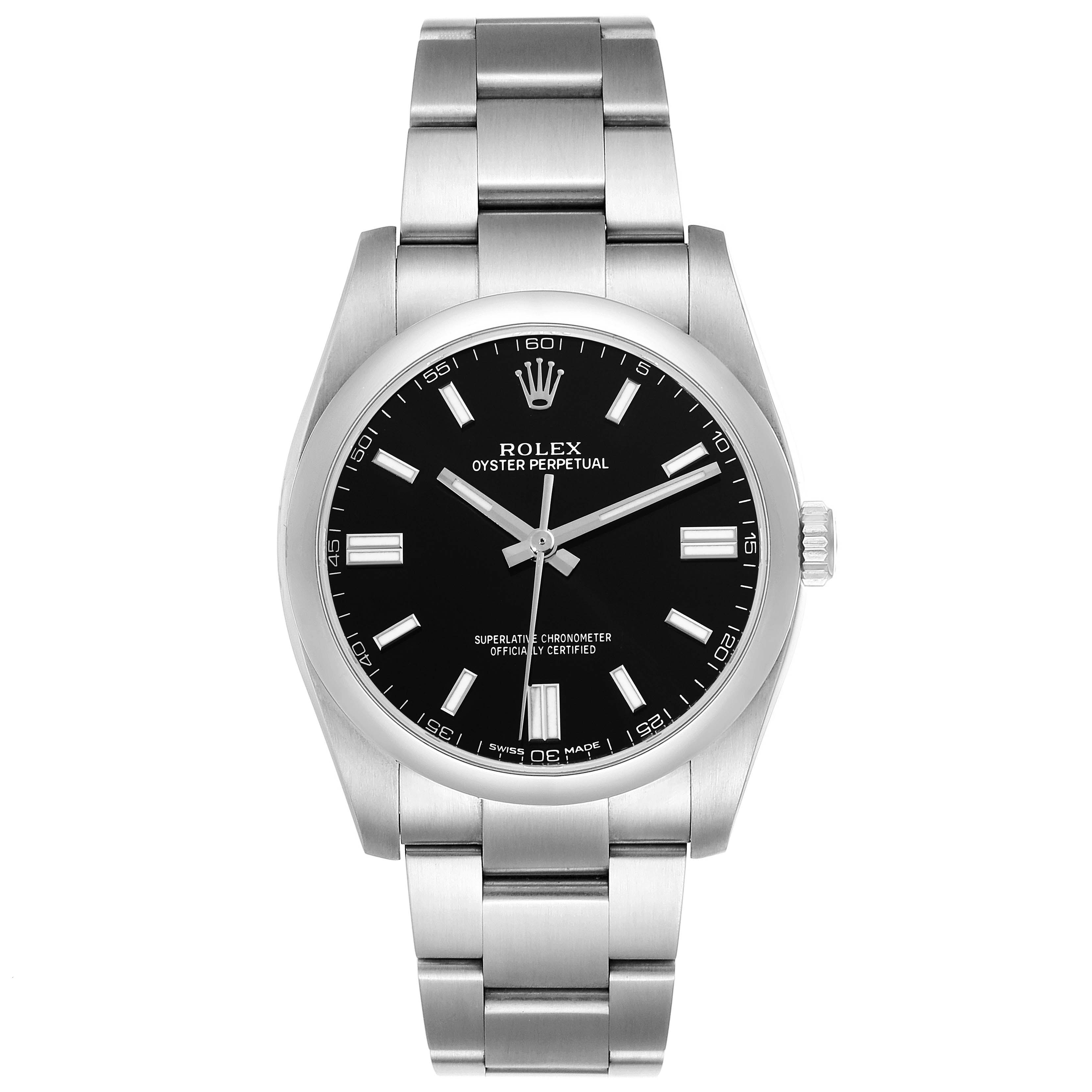The image shows a front view of the Rolex Oyster Perpetual 116000 Men's Stainless Steel Black Dial 116000 Men's Stainless Steel Black Dial watch, displaying the dial, hands, bracelet, and crown.
