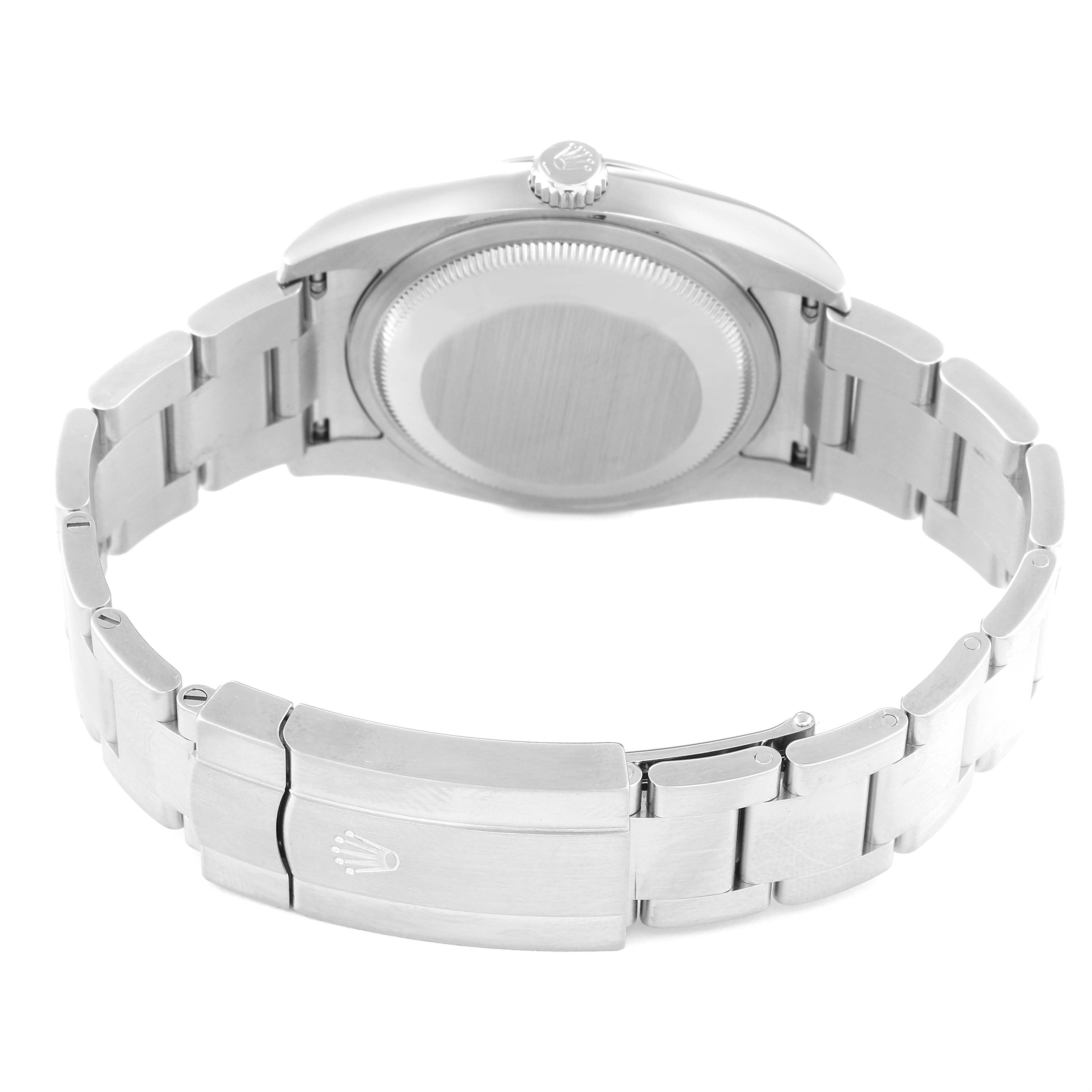 The image shows the back view of a Rolex Oyster Perpetual 116000 Men's Stainless Steel Black Dial 116000 Men's Stainless Steel Black Dial watch, highlighting the bracelet and clasp.