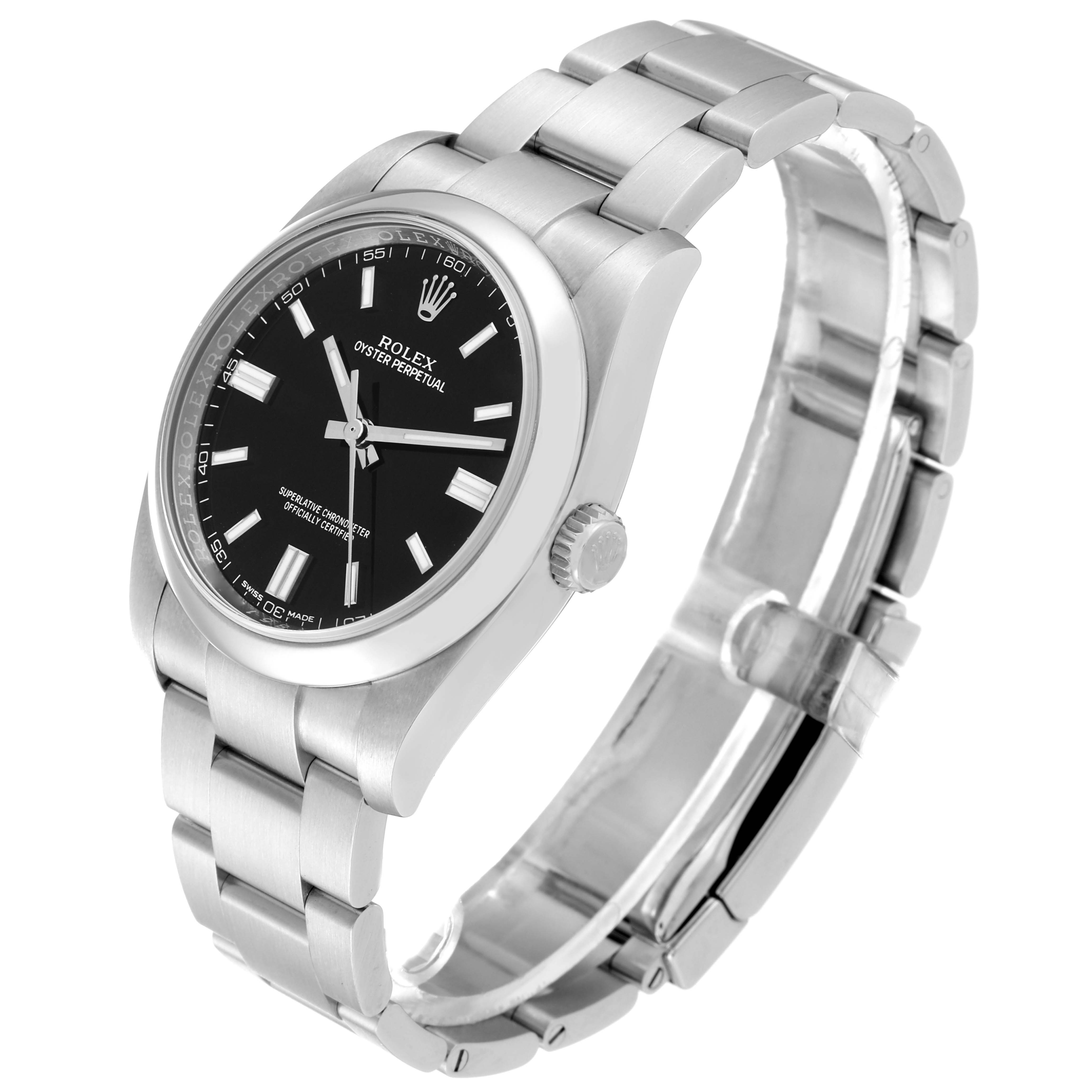 The Rolex Oyster Perpetual 116000 Men's Stainless Steel Black Dial 116000 Men's Stainless Steel Black Dial watch is shown at a three-quarter angle, displaying its face, bezel, crown, and bracelet.