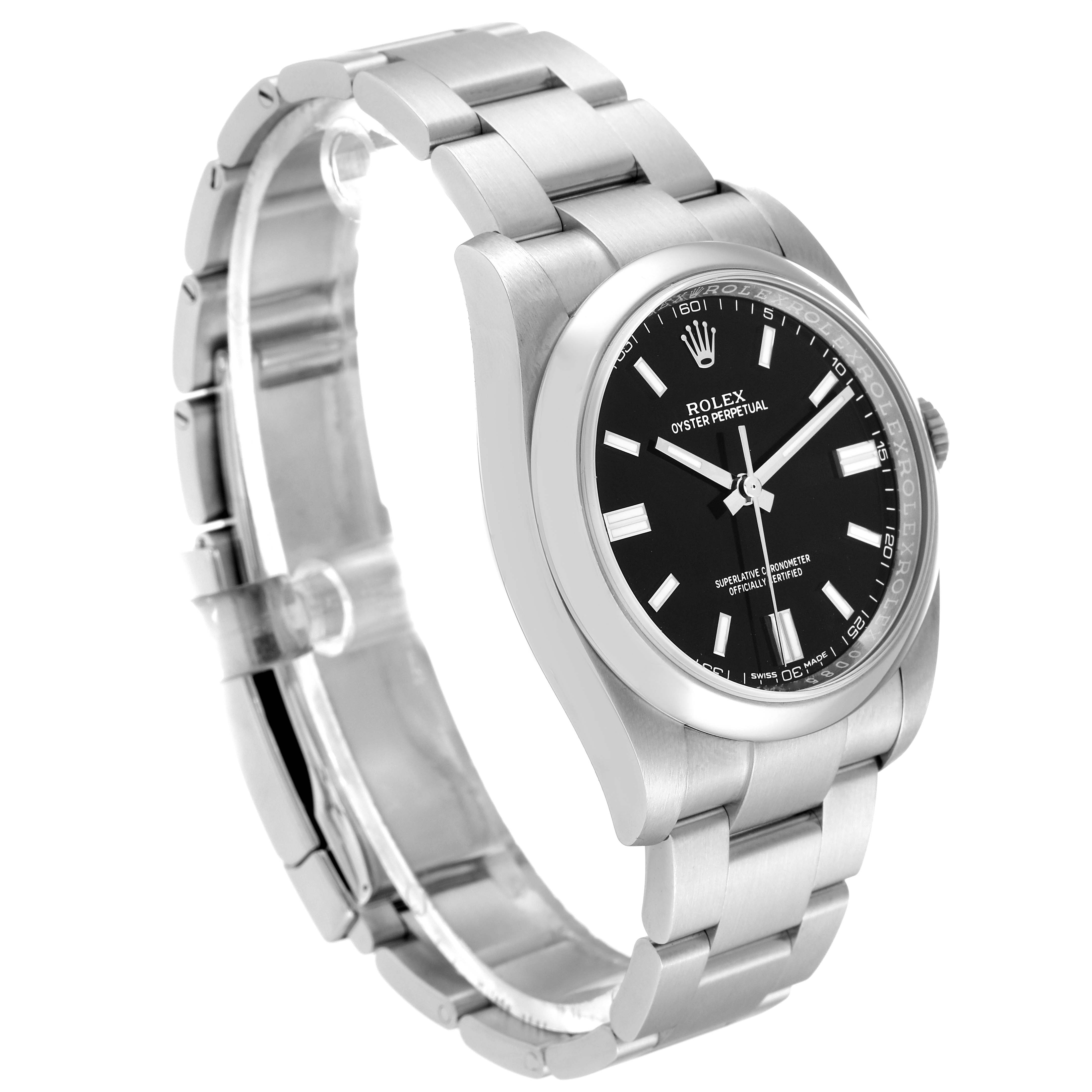 The image shows a side and front angle of the Rolex Oyster Perpetual 116000 Men's Stainless Steel Black Dial 116000 Men's Stainless Steel Black Dial watch, highlighting its bracelet, case, and dial.