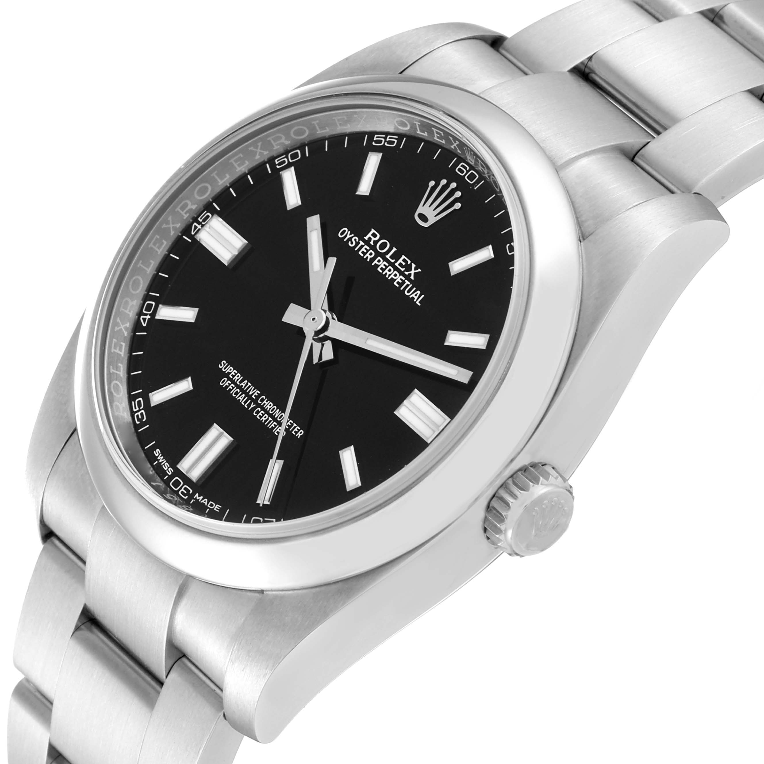 This image shows a close-up angled side view of the Rolex Oyster Perpetual 116000 Men's Stainless Steel Black Dial 116000 Men's Stainless Steel Black Dial watch, highlighting its black dial, casing, and metal bracelet.