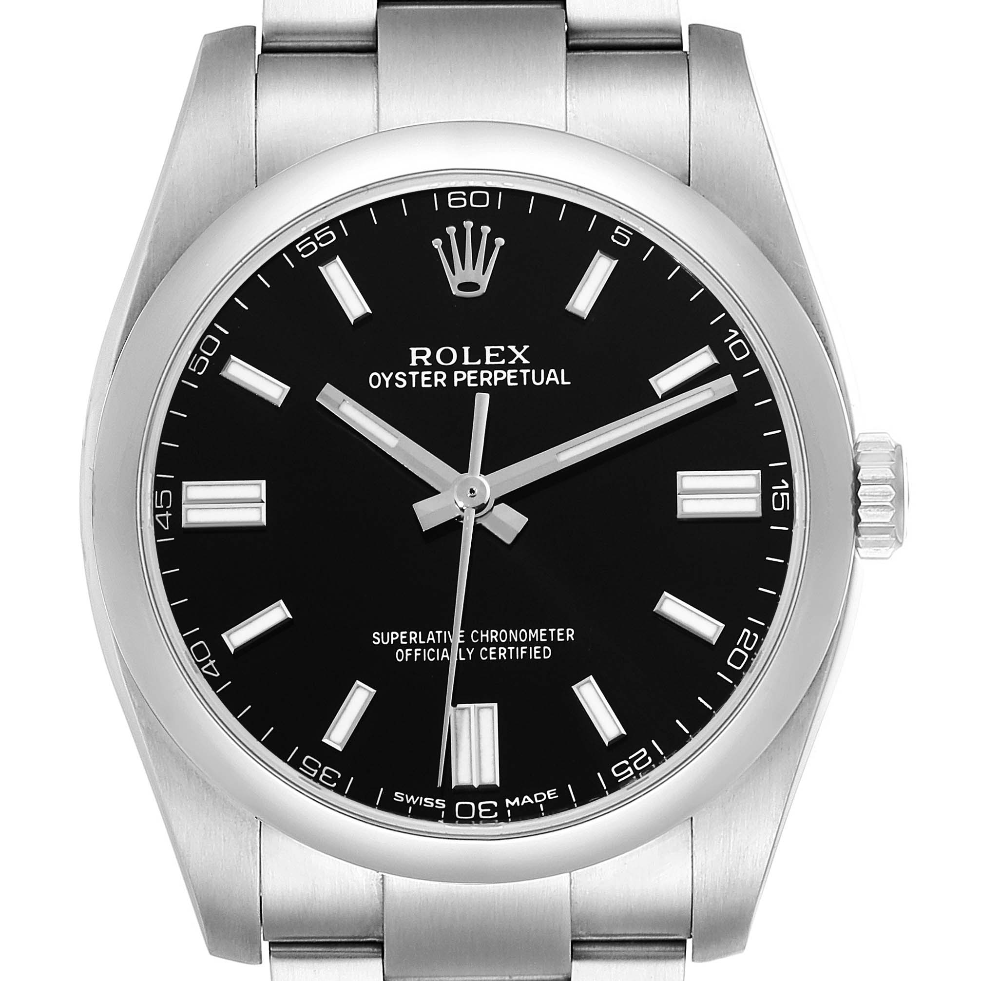 The Rolex Oyster Perpetual 116000 Men's Stainless Steel Black Dial 116000 Men's Stainless Steel Black Dial watch is shown from the front, highlighting the dial, hands, hour markers, bezel, and part of the bracelet.