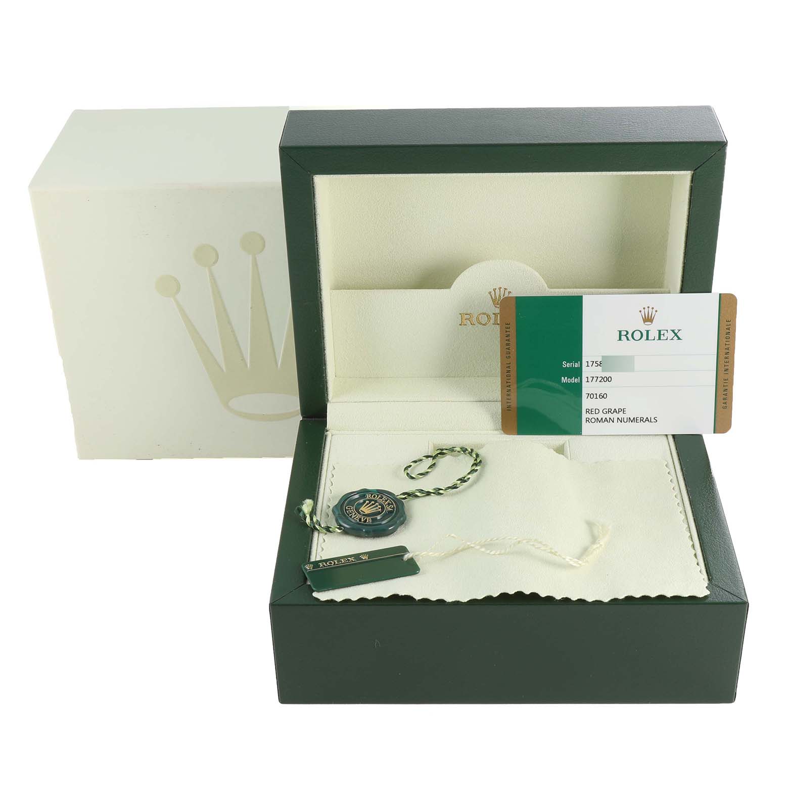 The image shows the packaging, authenticity card, and accessories of a Mid-Size Rolex watch model 177200.
