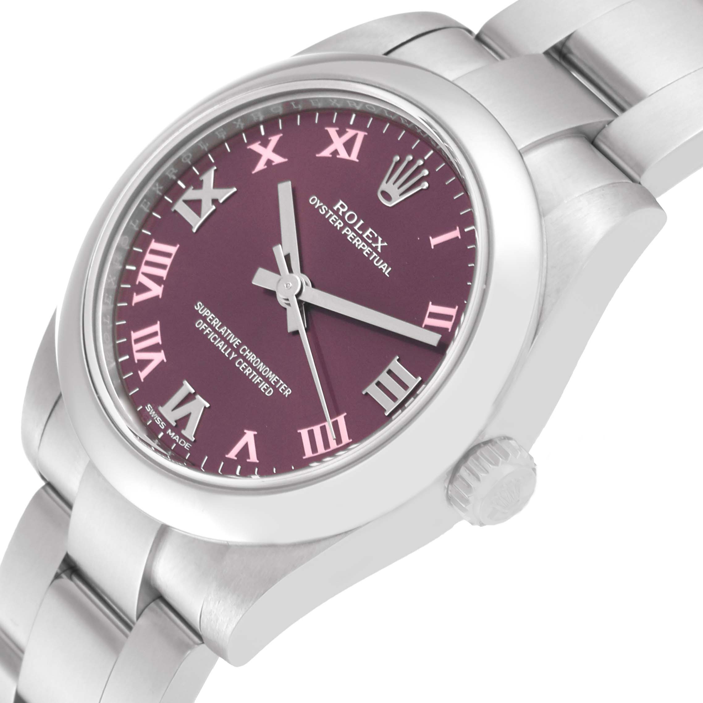 The Rolex Oyster Perpetual Mid-Size watch is shown at an angle highlighting the dial, crown, and part of the bracelet.