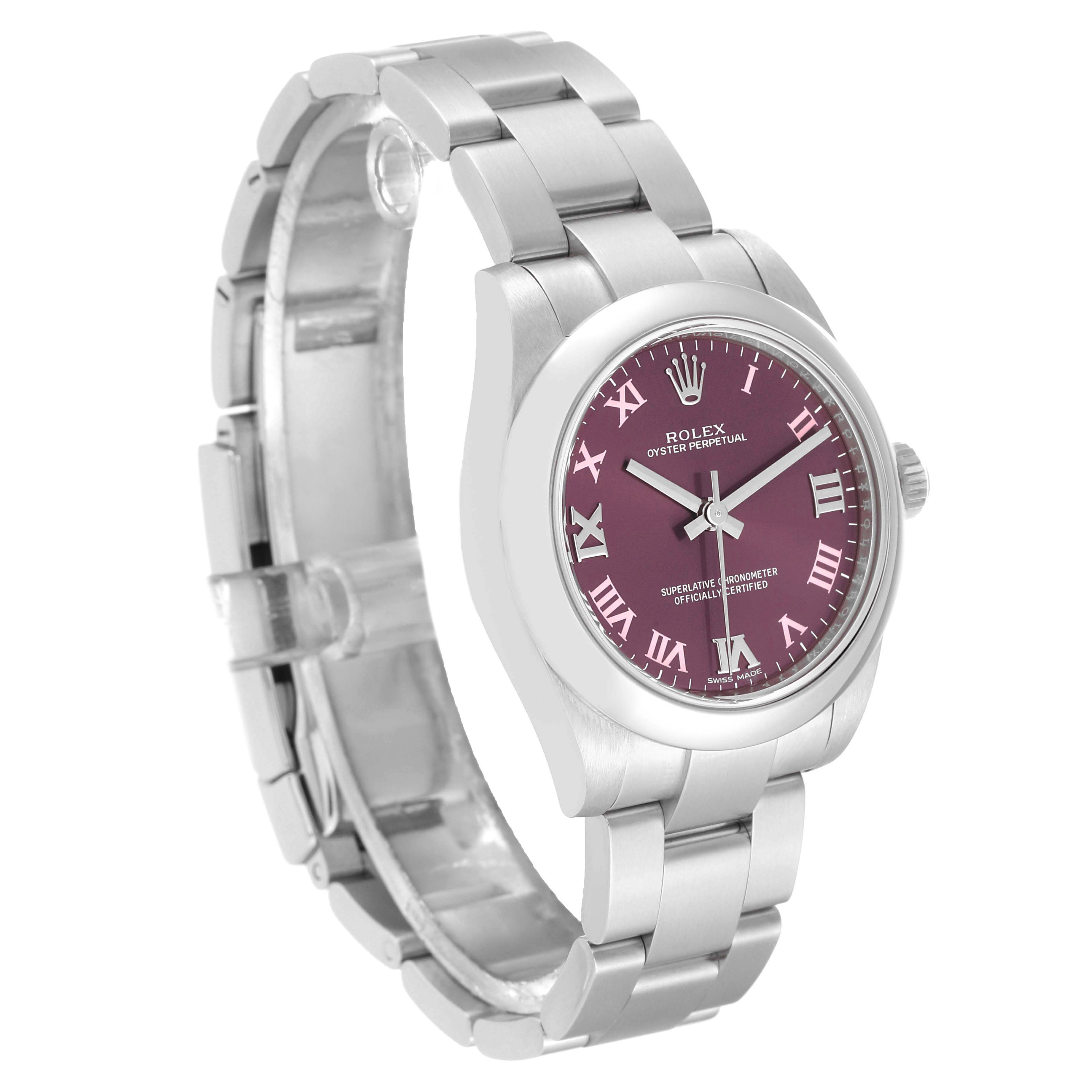 This image showcases a Rolex Mid-Size 177200 Women's Stainless Steel Purple Dial 177200 Women's Stainless Steel Purple Dial model watch from an angle revealing its dial, bezel, case, and partially open bracelet.
