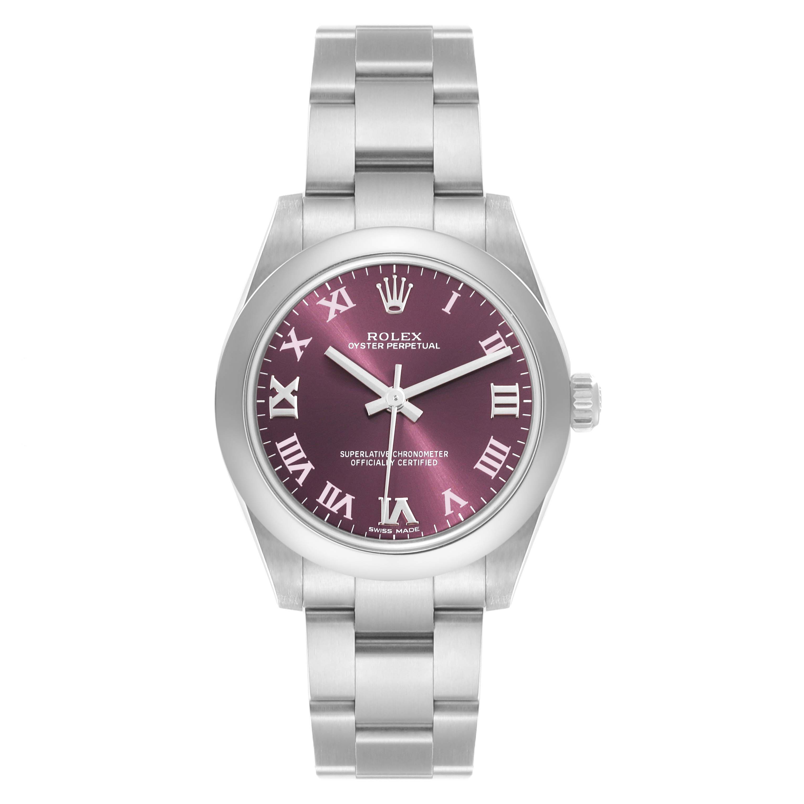 This image shows a Rolex Mid-Size 177200 Women's Stainless Steel Purple Dial 177200 Women's Stainless Steel Purple Dial Oyster Perpetual watch from a front angle, displaying the face, bezel, and bracelet.