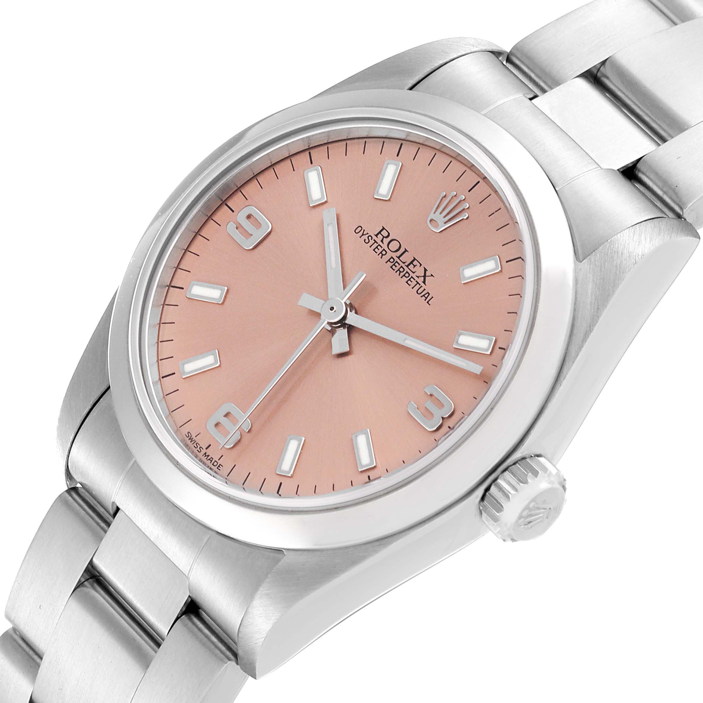 The Rolex Mid-Size 77080 Women's Stainless Steel Pink Dial 77080 Women's Stainless Steel Pink Dial model watch is shown at an angled view, displaying its dial, crown, and bracelet.