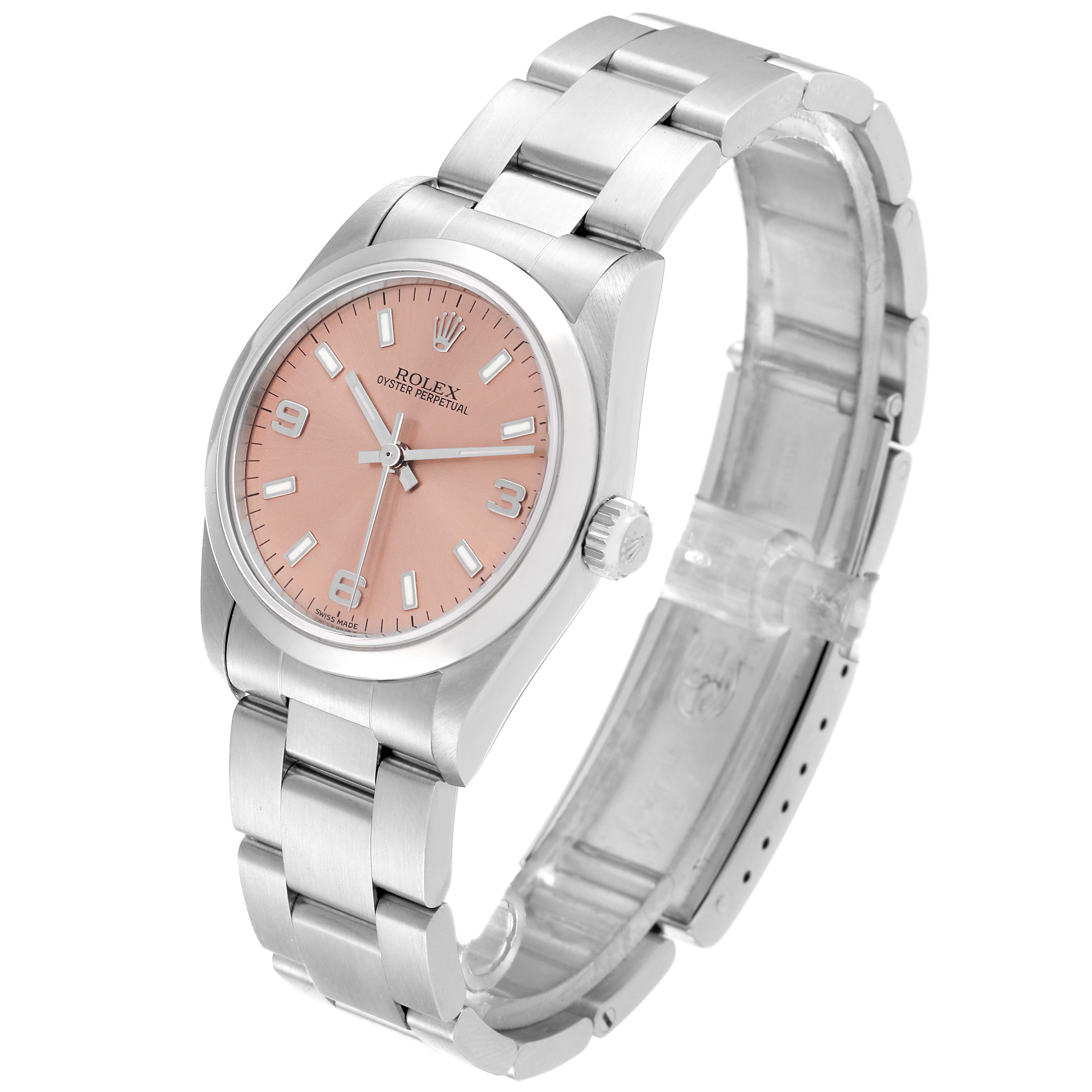 The image shows a side-angle view of the Rolex Mid-Size 77080 Women's Stainless Steel Pink Dial 77080 Women's Stainless Steel Pink Dial Oyster Perpetual watch, featuring a pink dial and stainless steel bracelet.