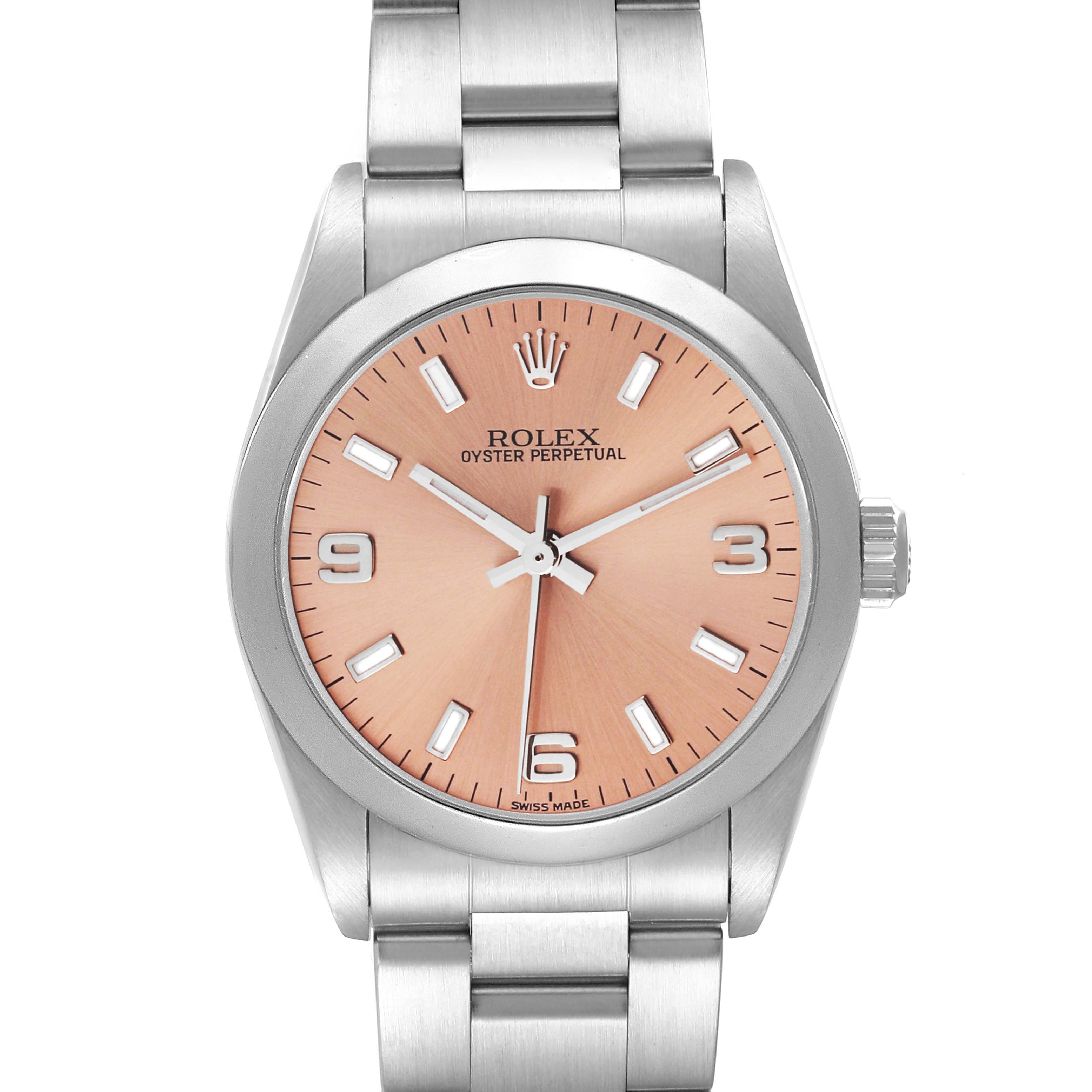 This image shows a front view of a Rolex Oyster Perpetual Mid-Size watch, highlighting its dial, bezel, and bracelet.
