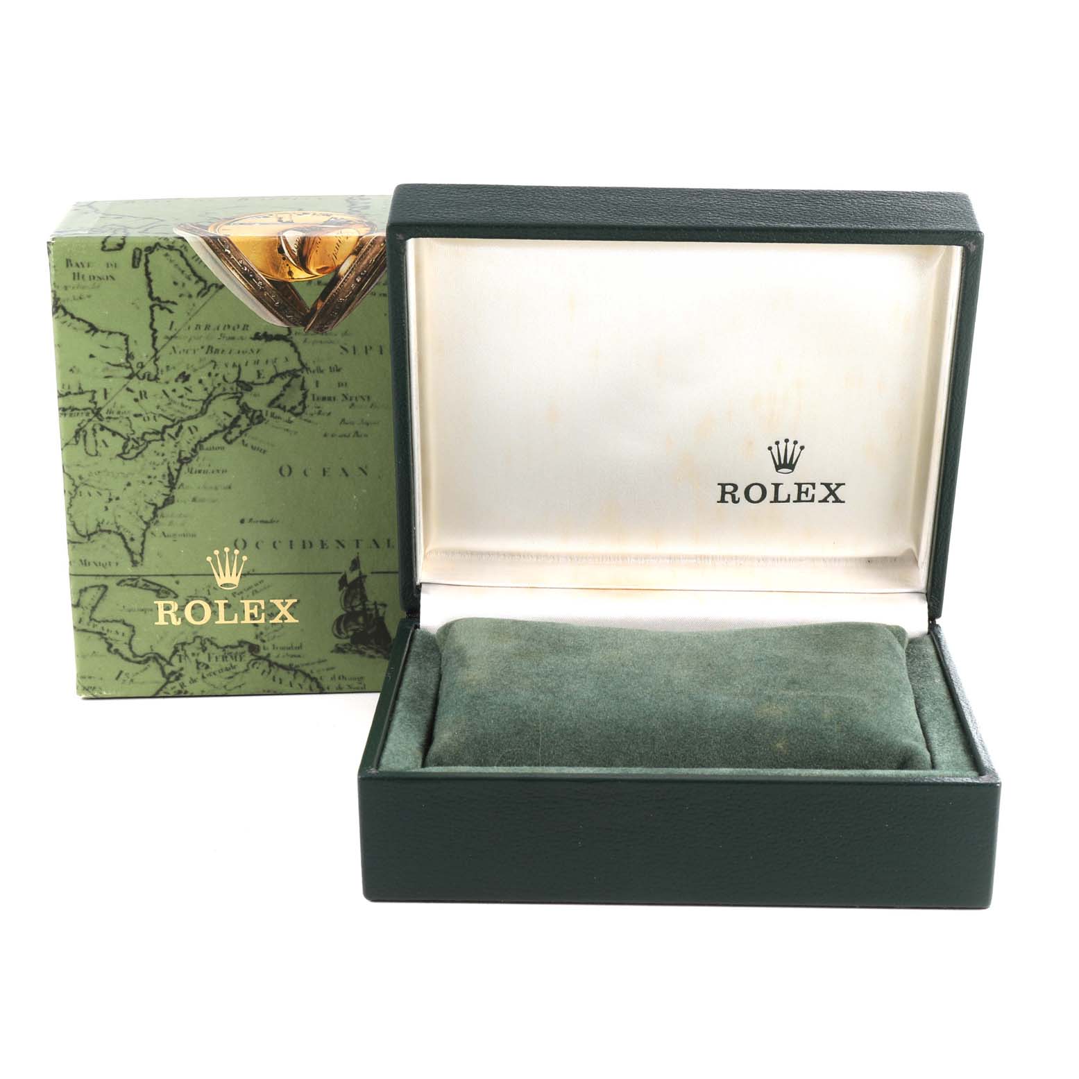 The image shows an empty Rolex Mid-Size 77080 Women's Stainless Steel Pink Dial 77080 Women's Stainless Steel Pink Dial watch box and its outer packaging, both featuring the Rolex logo.