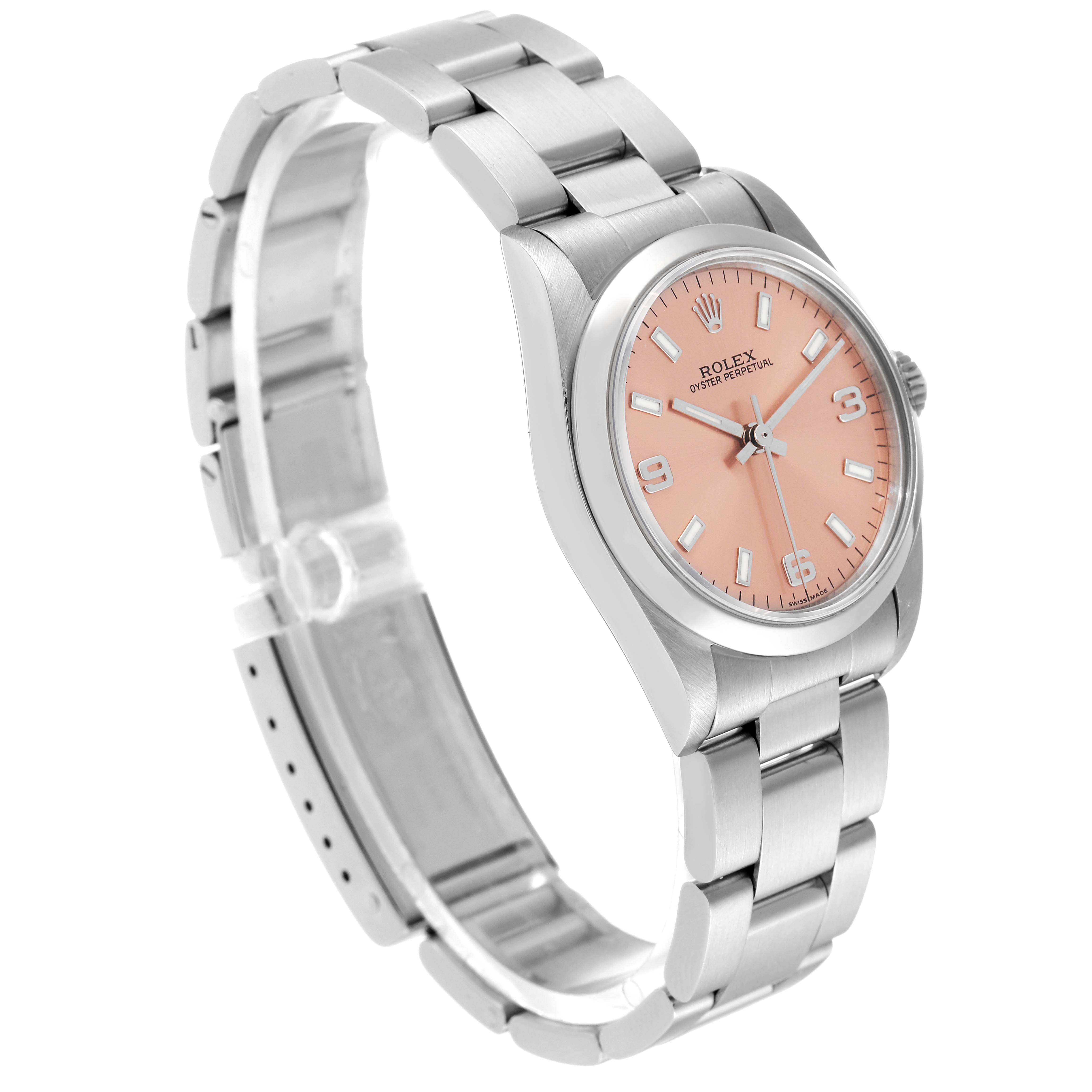 The Rolex Mid-Size 77080 Women
s Stainless Steel Pink Dial 77080 Women
s Stainless Steel Pink Dial model watch is shown at a three-quarter angle displaying the bracelet, case, pink dial, and crown.