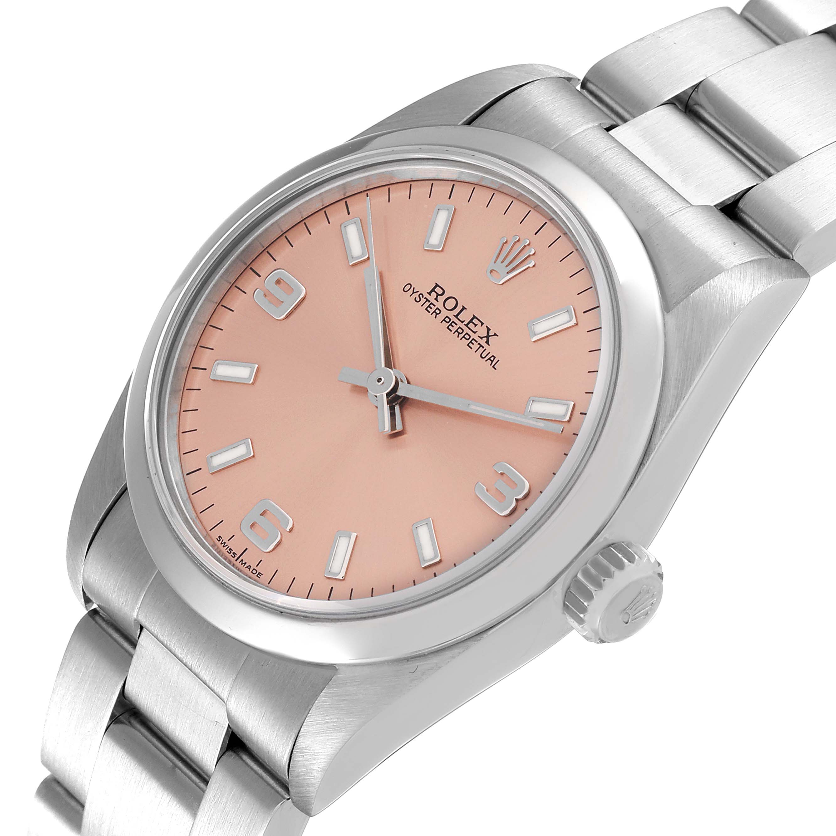 This image shows a Rolex Oyster Perpetual Mid-Size watch at an angled view, highlighting its salmon dial, hands, case, and bracelet.