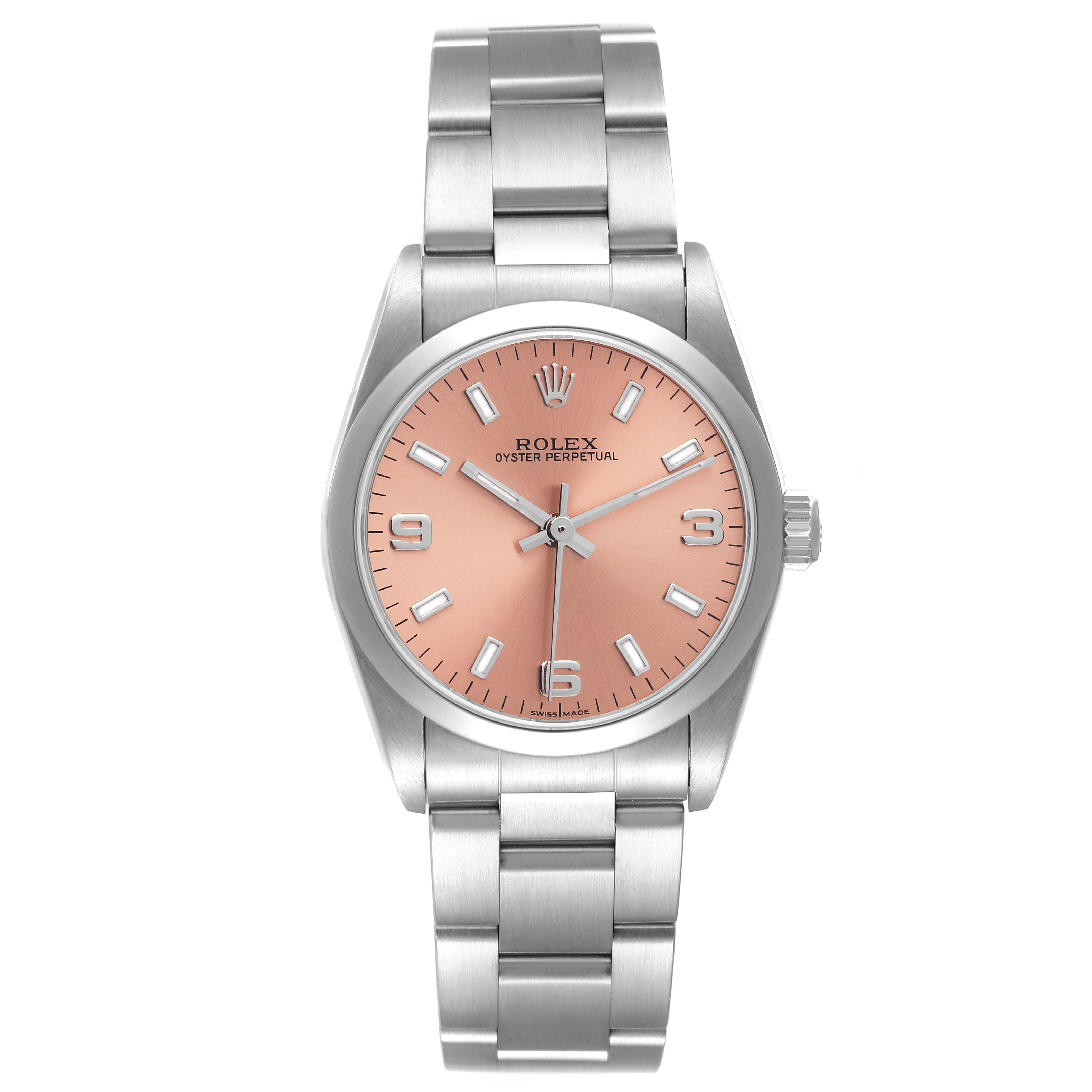 The Rolex Mid-Size 77080 Women
s Stainless Steel Pink Dial 77080 Women
s Stainless Steel Pink Dial Oyster Perpetual watch is shown from a top-down angle, displaying the full face, dial, and bracelet.