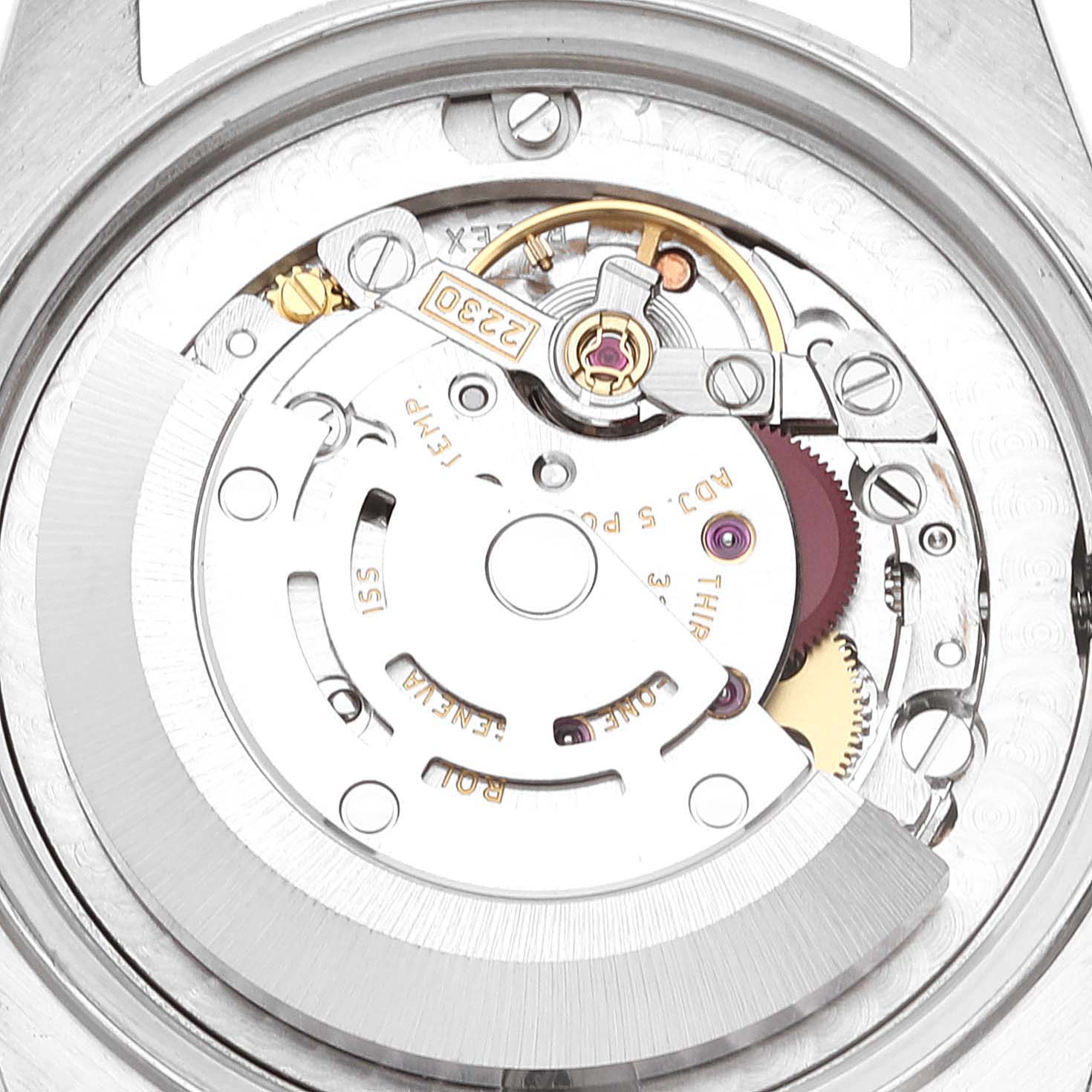 The image shows the internal mechanical movement of a Rolex Mid-Size 77080 Women
s Stainless Steel Pink Dial 77080 Women
s Stainless Steel Pink Dial model watch from a close-up, top-down angle.