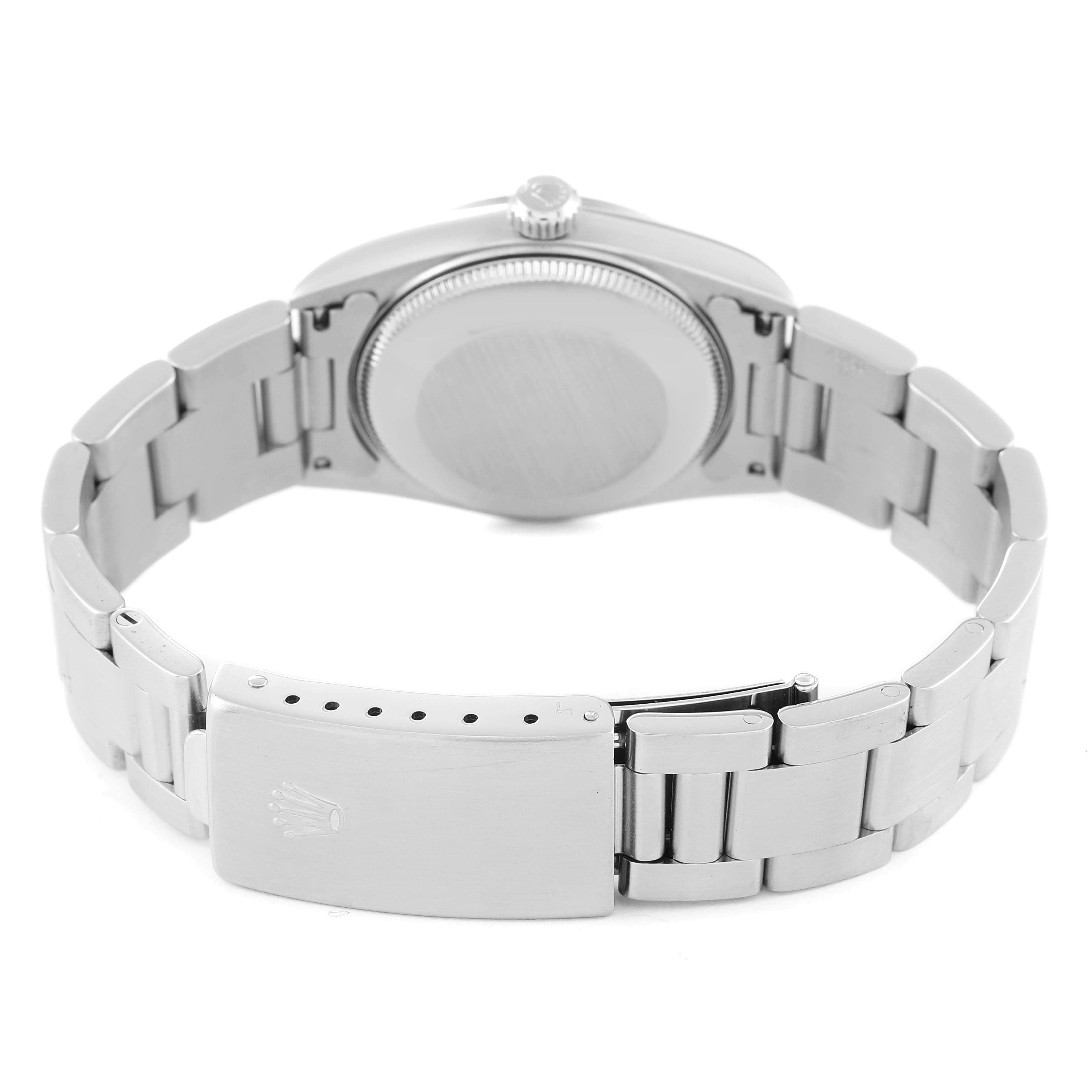 The image shows the back and bracelet clasp of a Mid-Size Rolex watch.