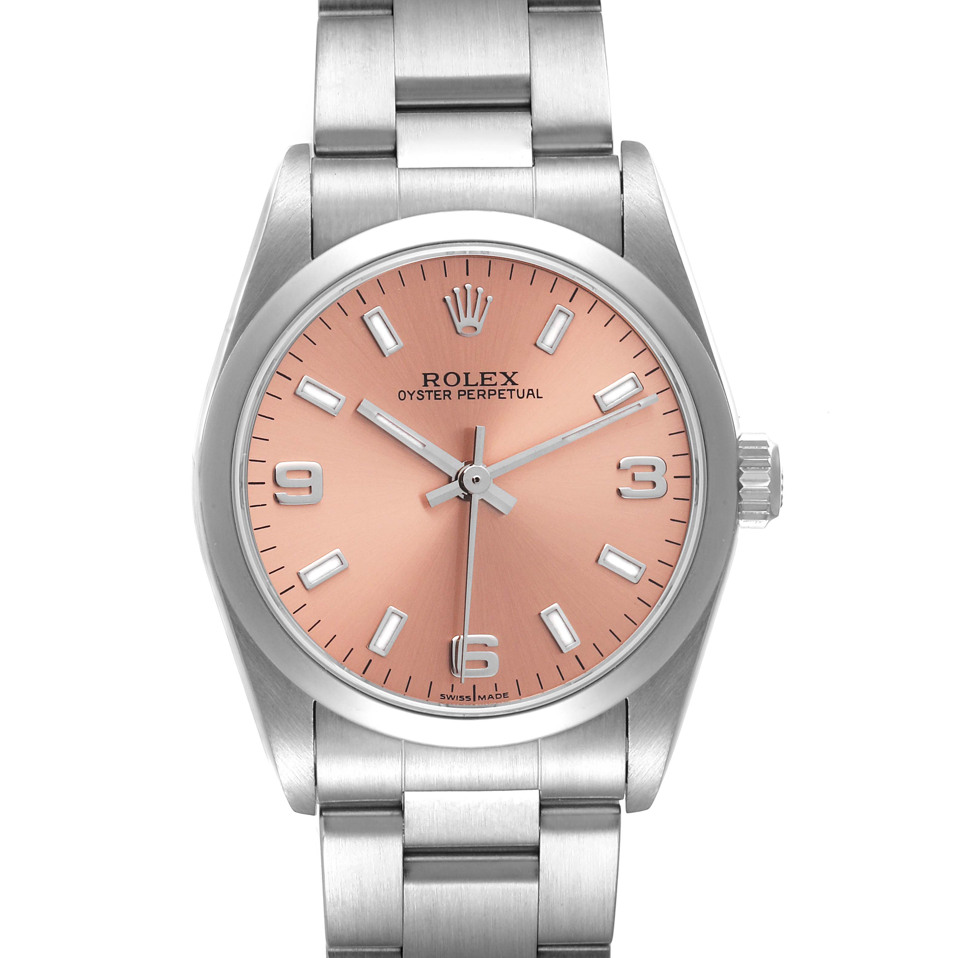 This image shows a front view of the Rolex Oyster Perpetual Mid-Size watch, featuring its dial, bezel, bracelet, and crown.