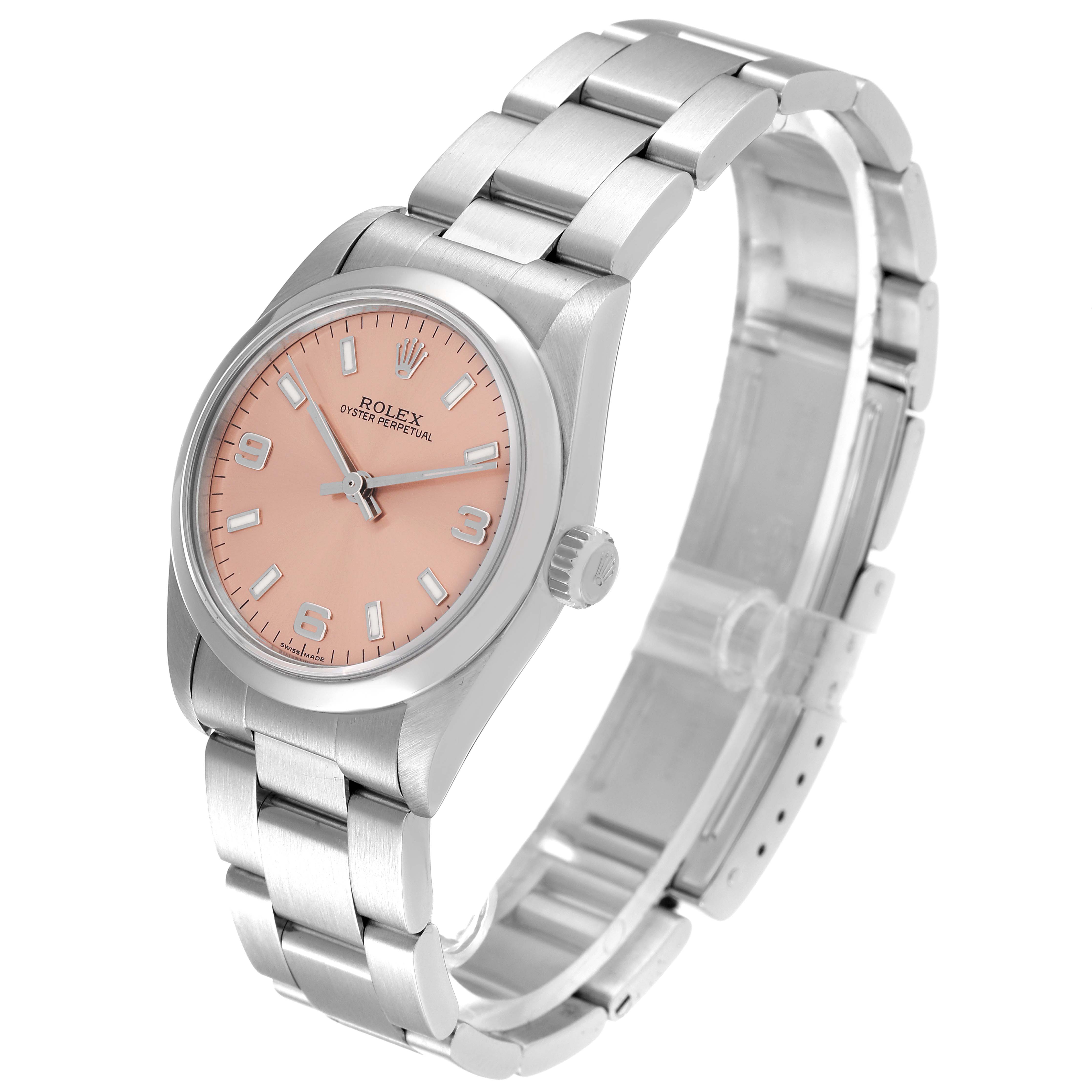 The Rolex Mid-Size 77080 Women
s Stainless Steel Pink Dial 77080 Women
s Stainless Steel Pink Dial watch is shown at a three-quarter angle, displaying the face, crown, and stainless steel bracelet.