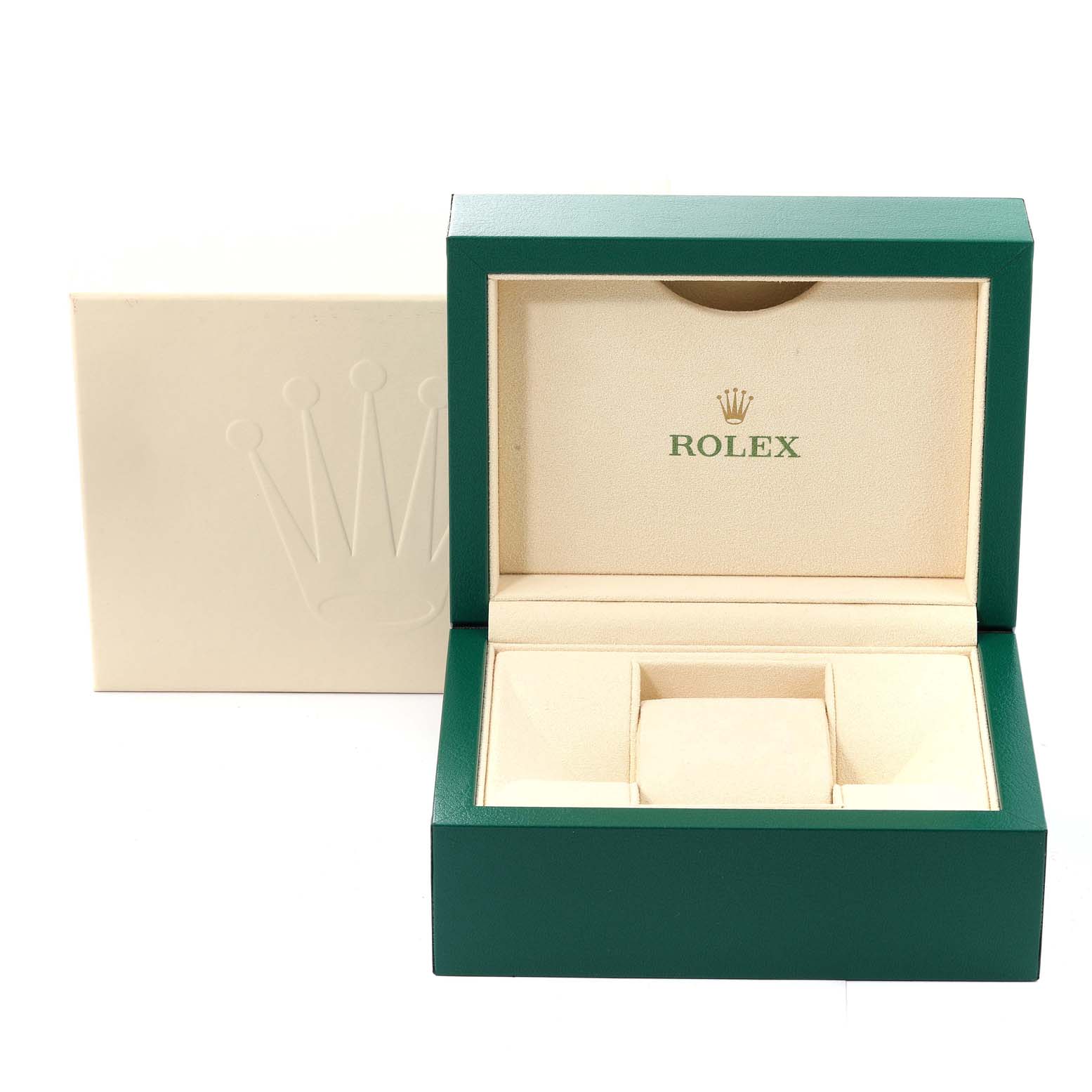 This image shows the open green and beige box for a Mid-Size Rolex watch, displaying the brand logo inside.